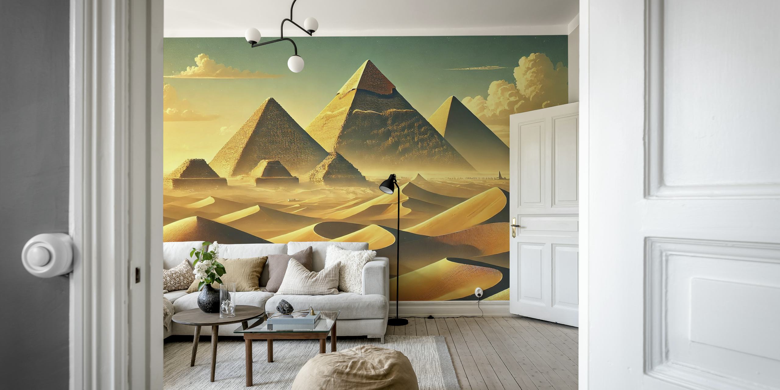 Vintage Egyptian pyramids wallpaper in a room