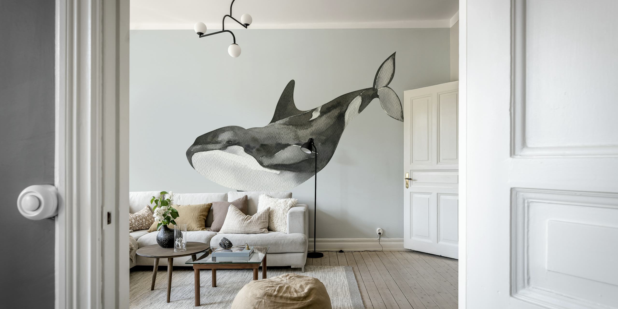 Watercolor orca swimming in grey tones wallpaper