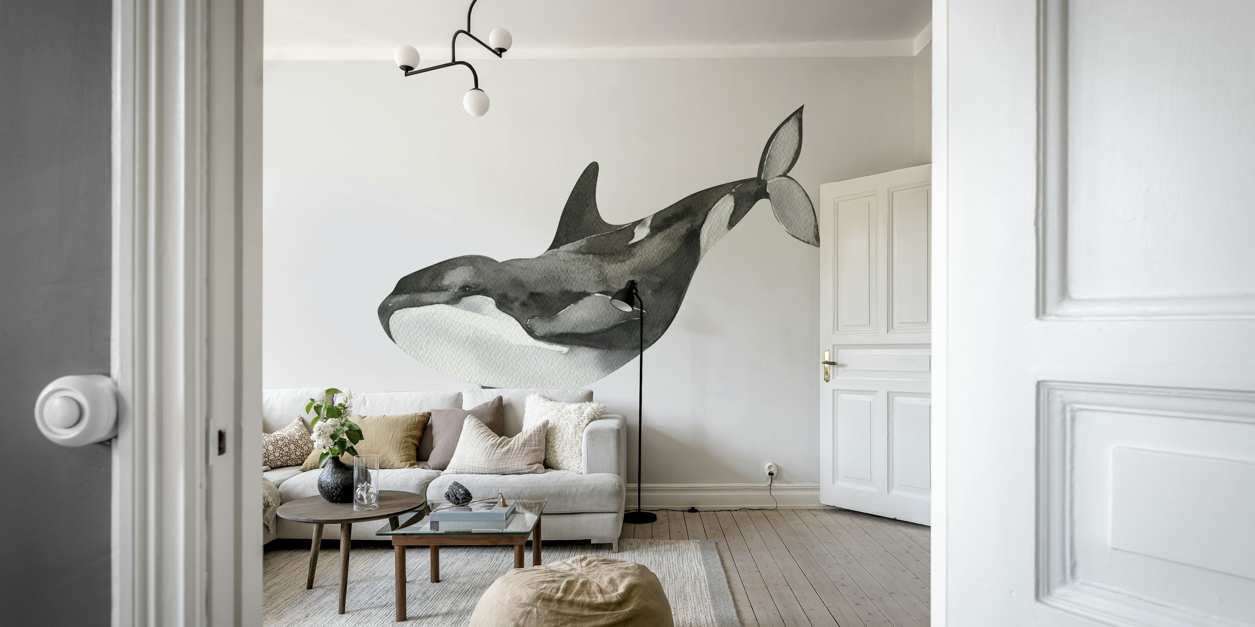 Black and White Orca wallpaper in a room