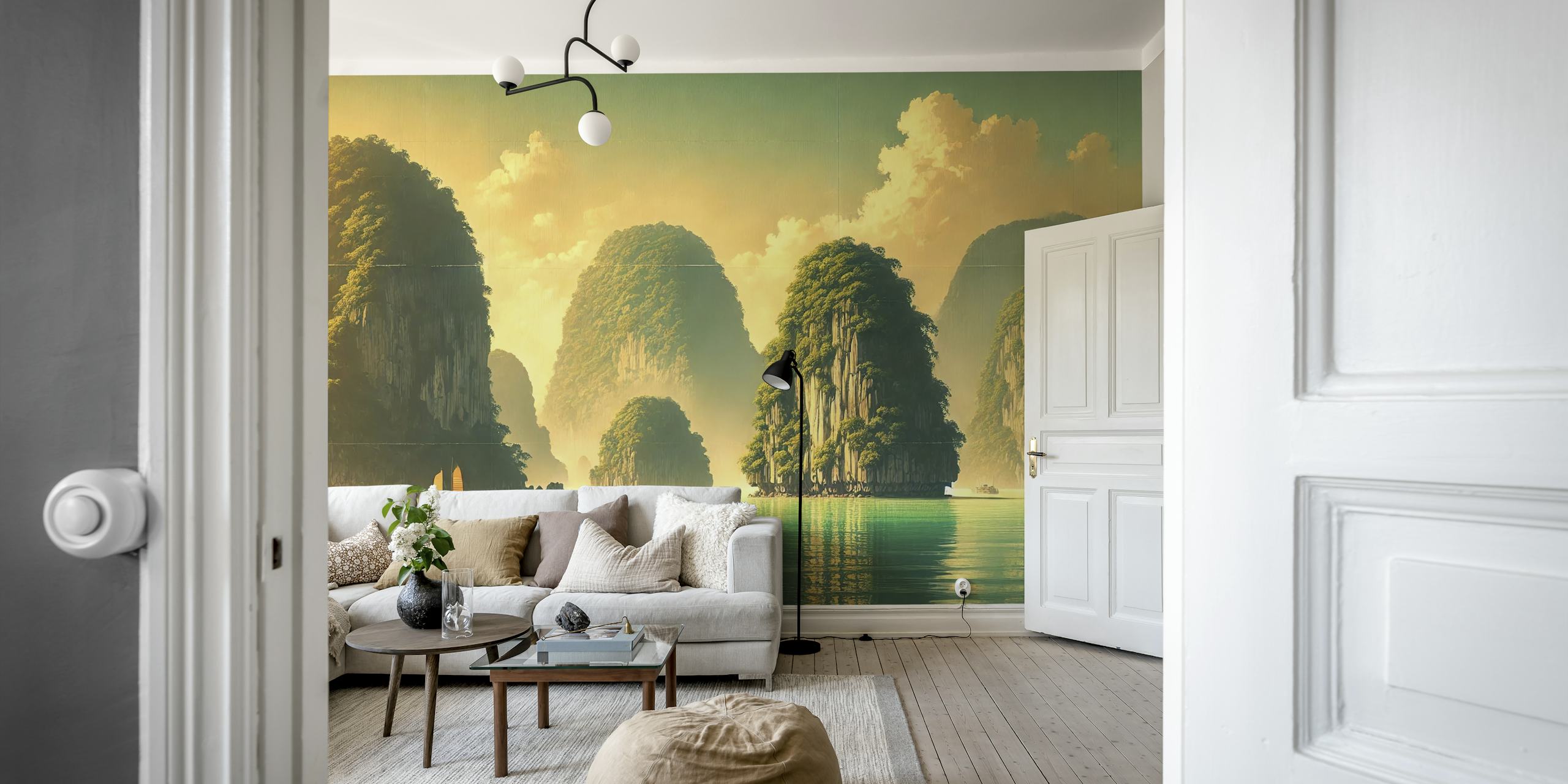 Ha Long Bay landscape with rocky formations and boats in green and blue wallpaper