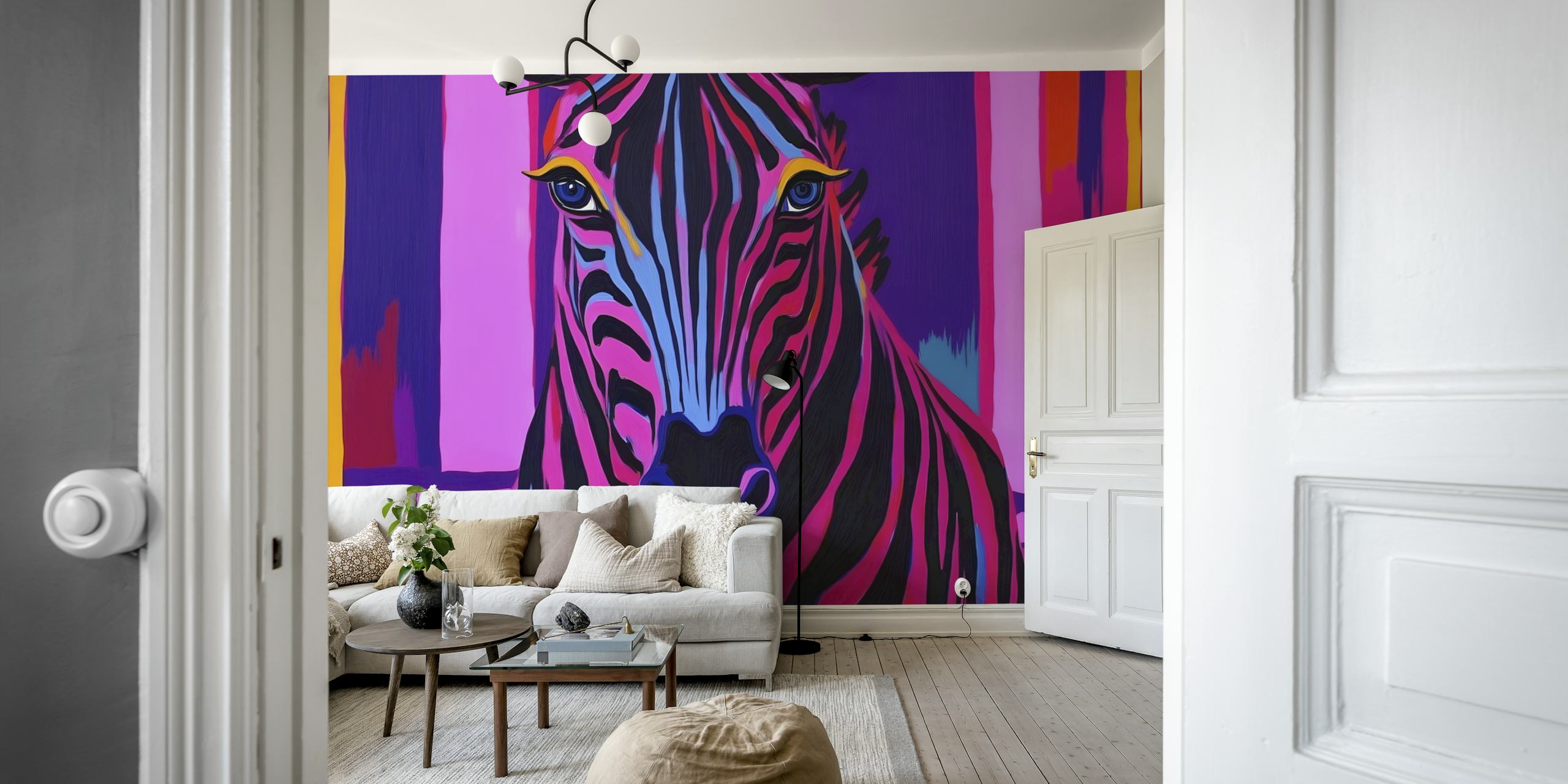 Vibrant zebra in pink and blue stripes artwork wallpaper