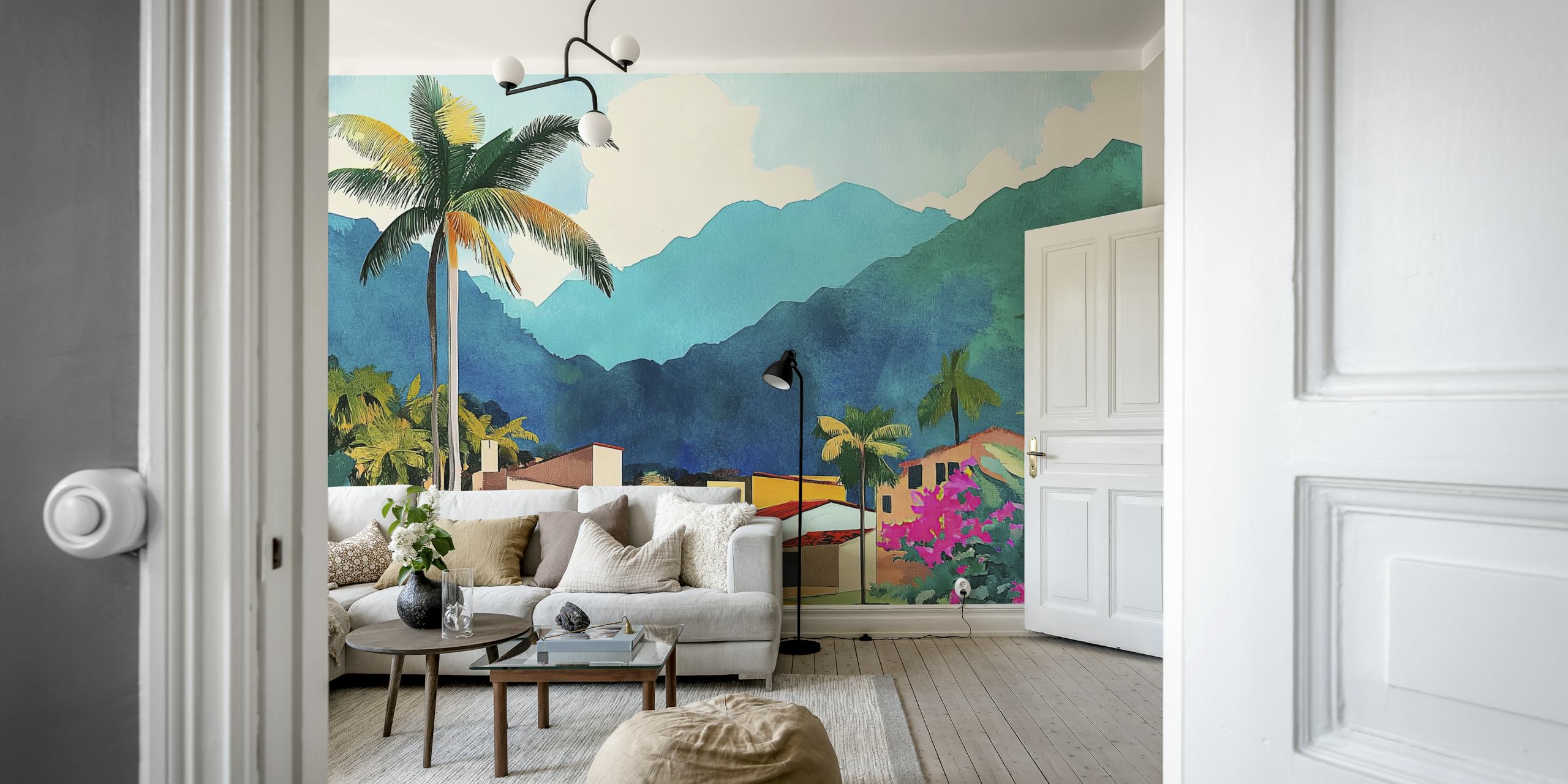 Tropical village scene with colorful buildings and mountains wallpaper