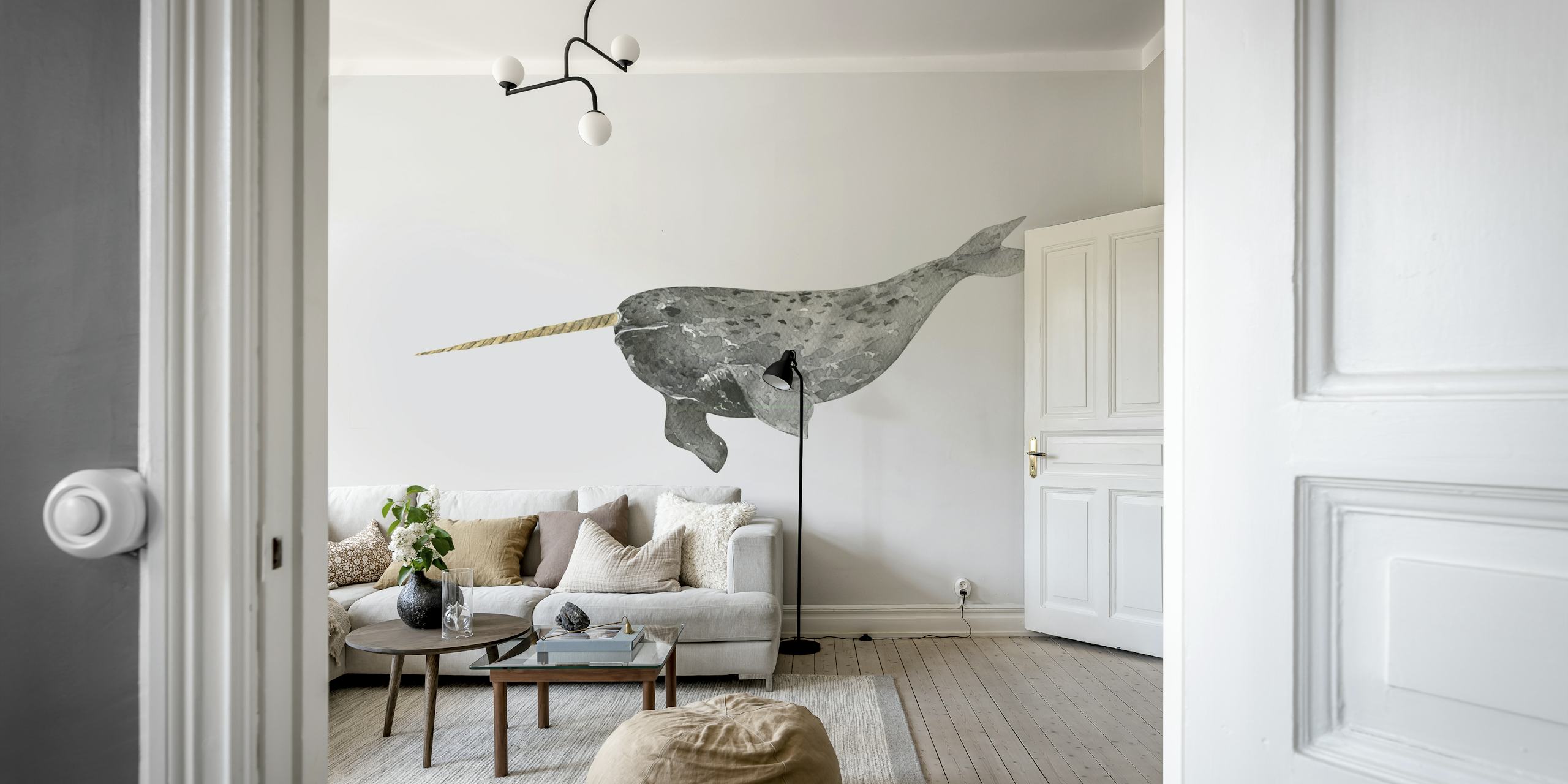 Gray narwhal illustration on a white background wallpaper