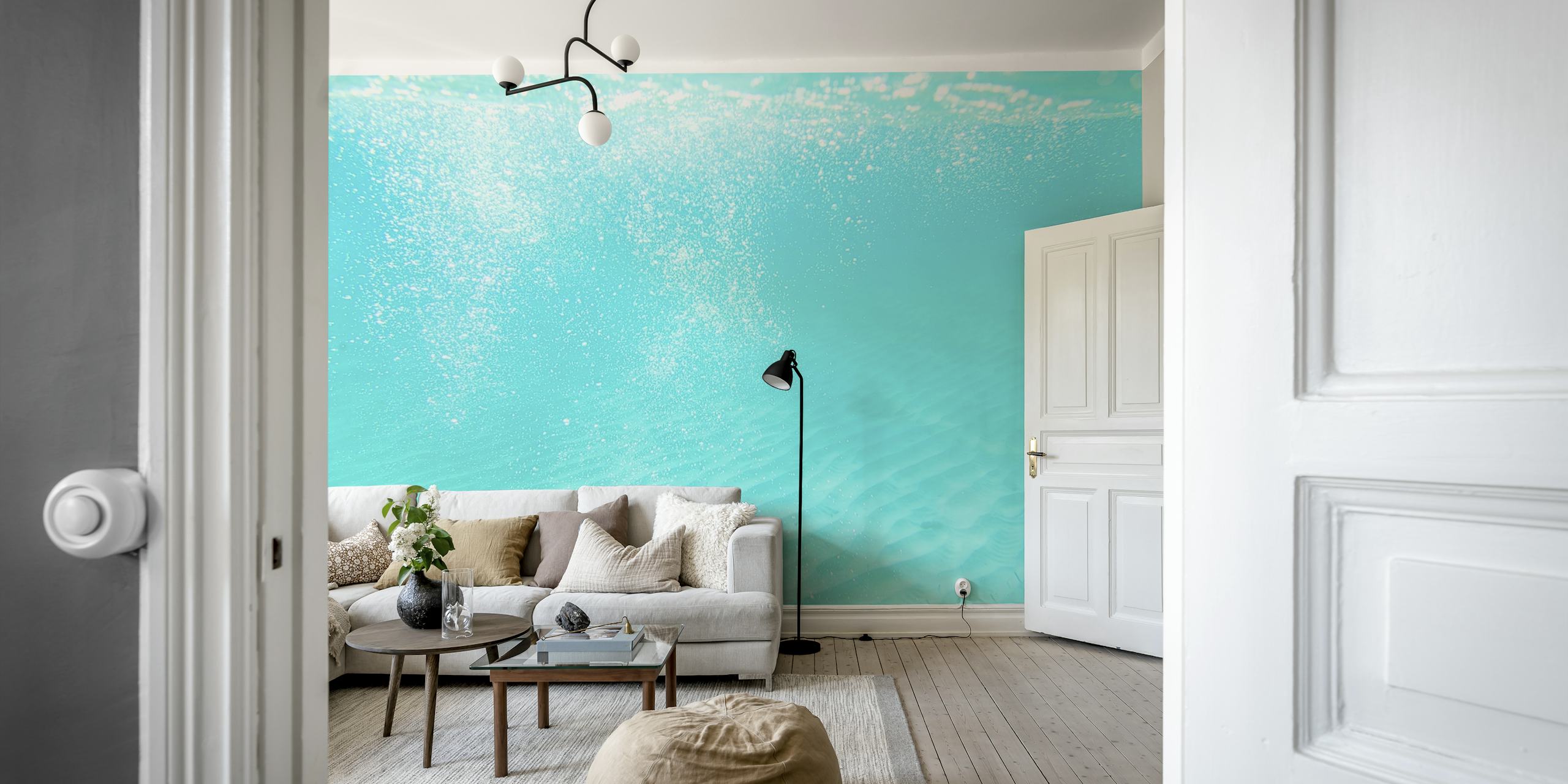 Underwater scene with bubbles and sandy floor in bright aqua wallpaper