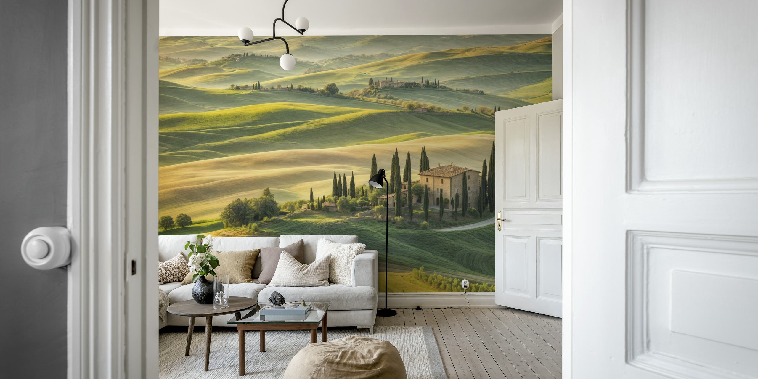 Scenic wallpaper of Tuscan landscape in a room
