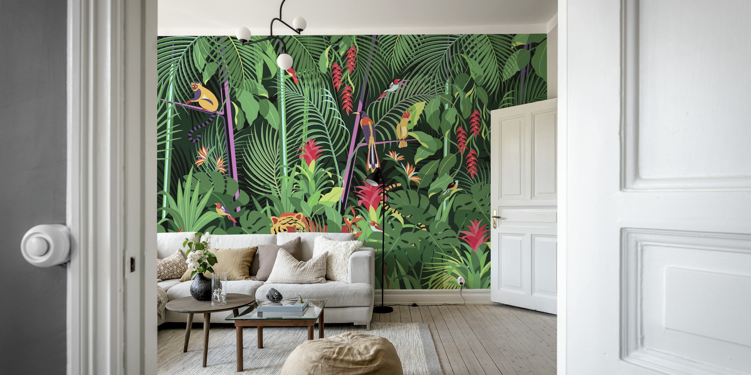 Vibrant tropical jungle wallpaper featuring lush greenery, colorful flowers, and animals