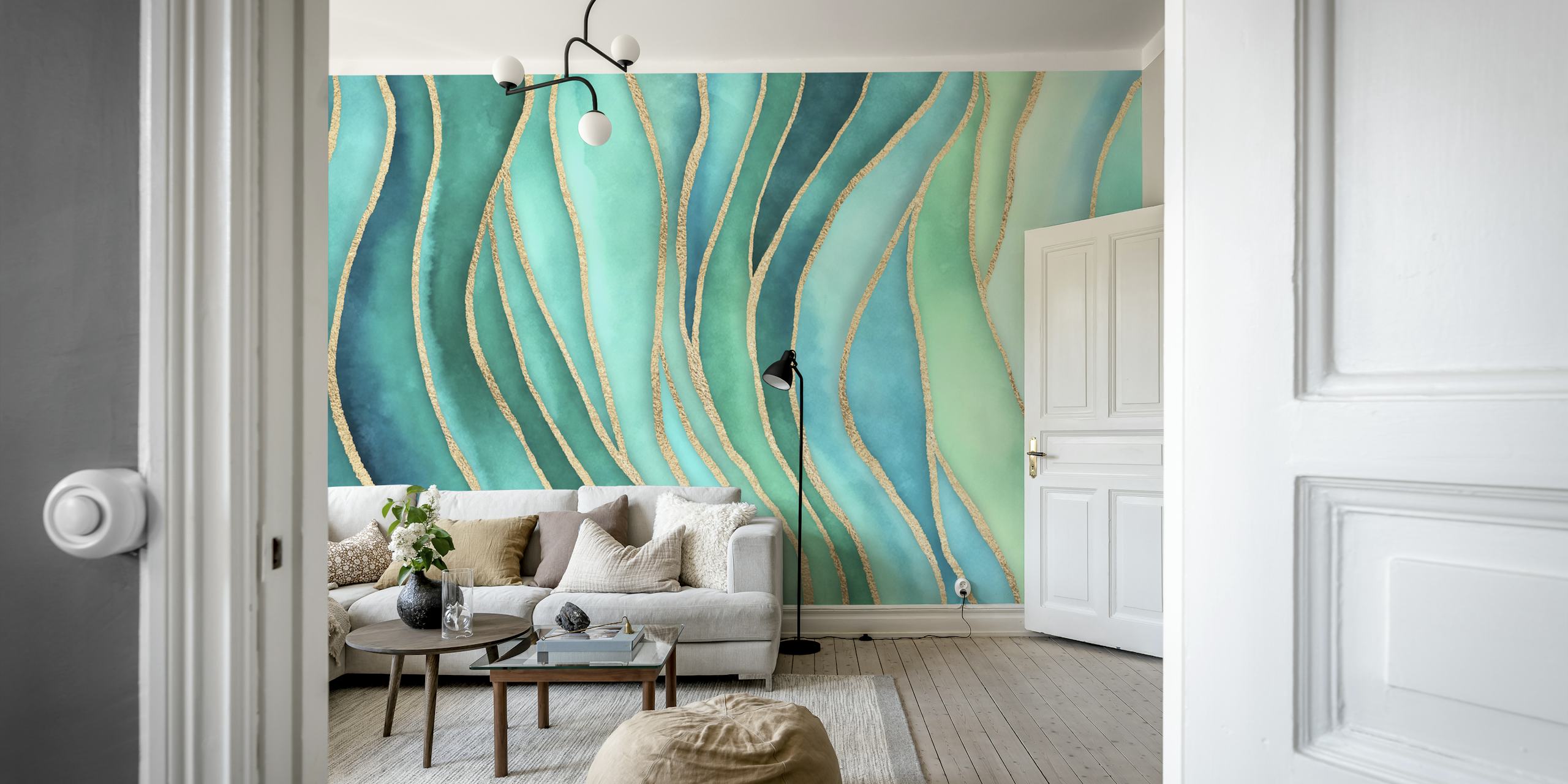 Abstract teal watercolor design with golden lines wallpaper
