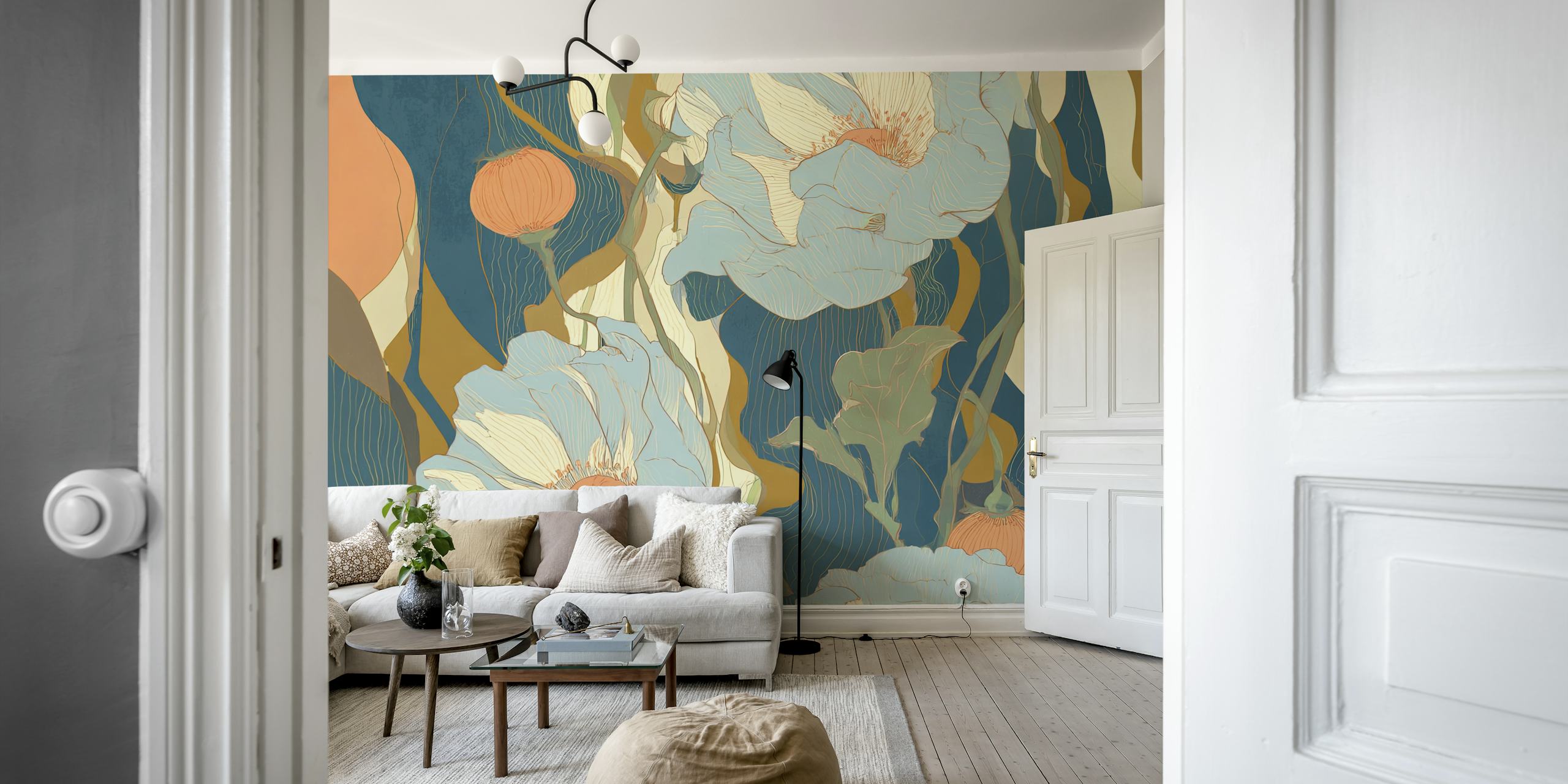 Fleurs stylisées en bleu et orange sur fond texturé wallpaper