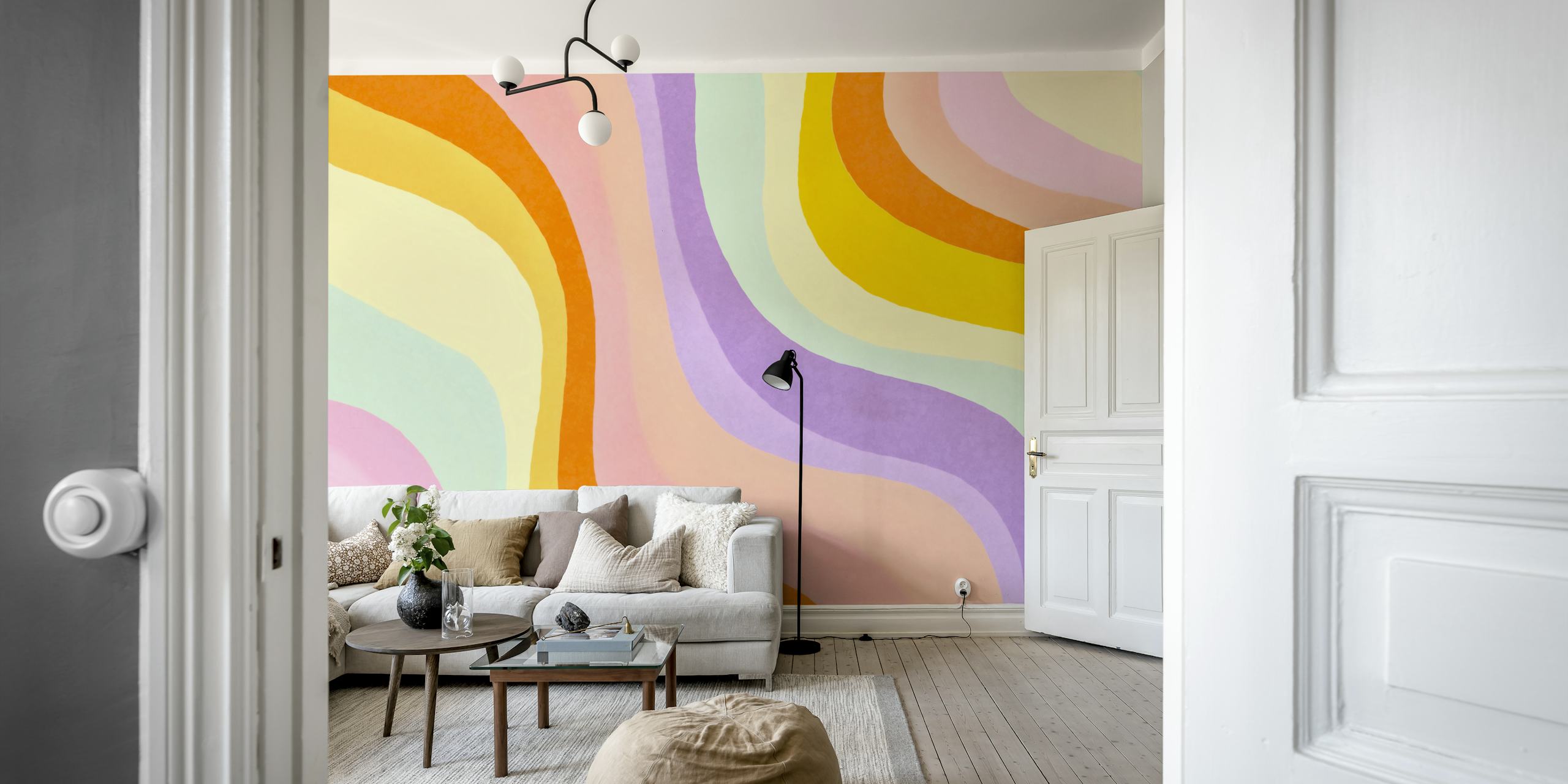 Pastel waves in orange, purple, and pink colors on wallpaper