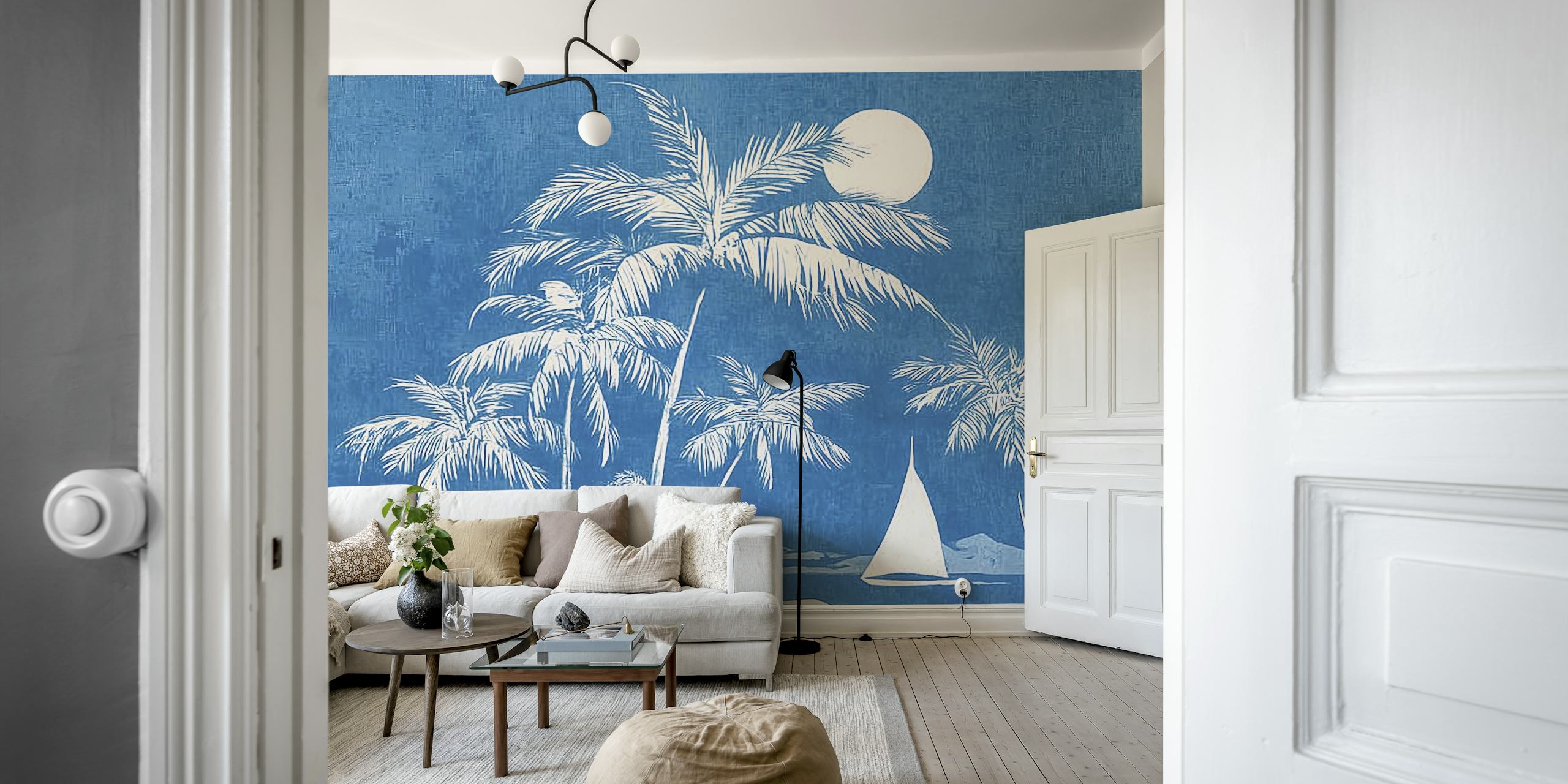 Tropical palm silhouettes against a blue background wall mural