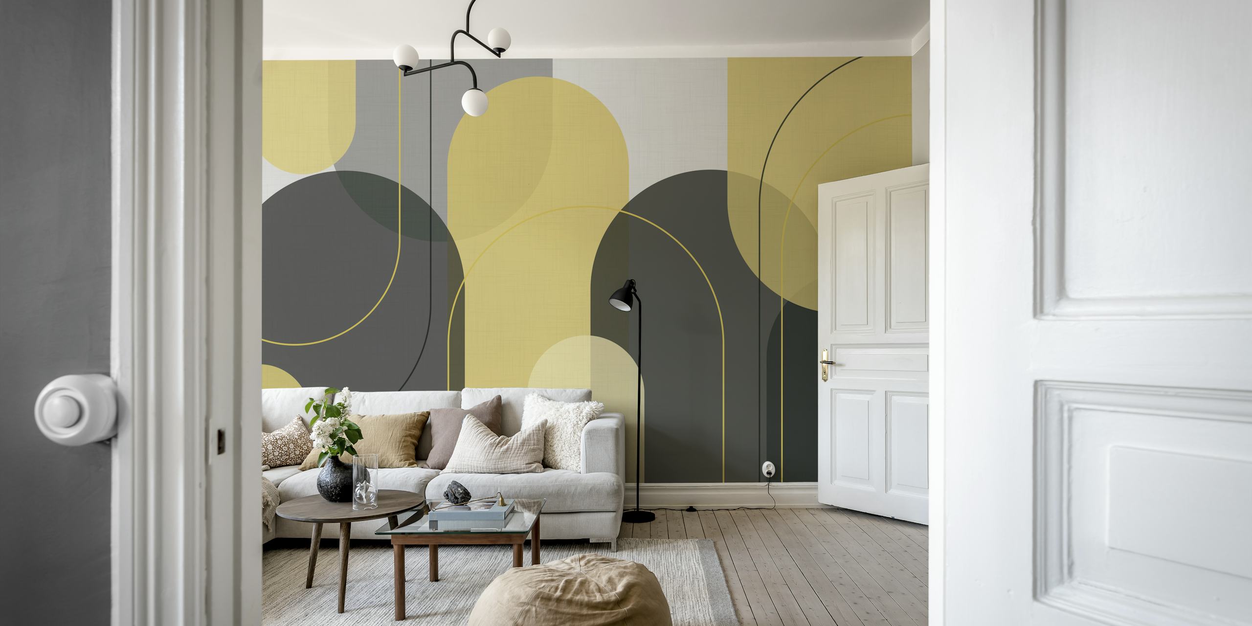 Geometric grey and yellow shapes with arches wallpaper