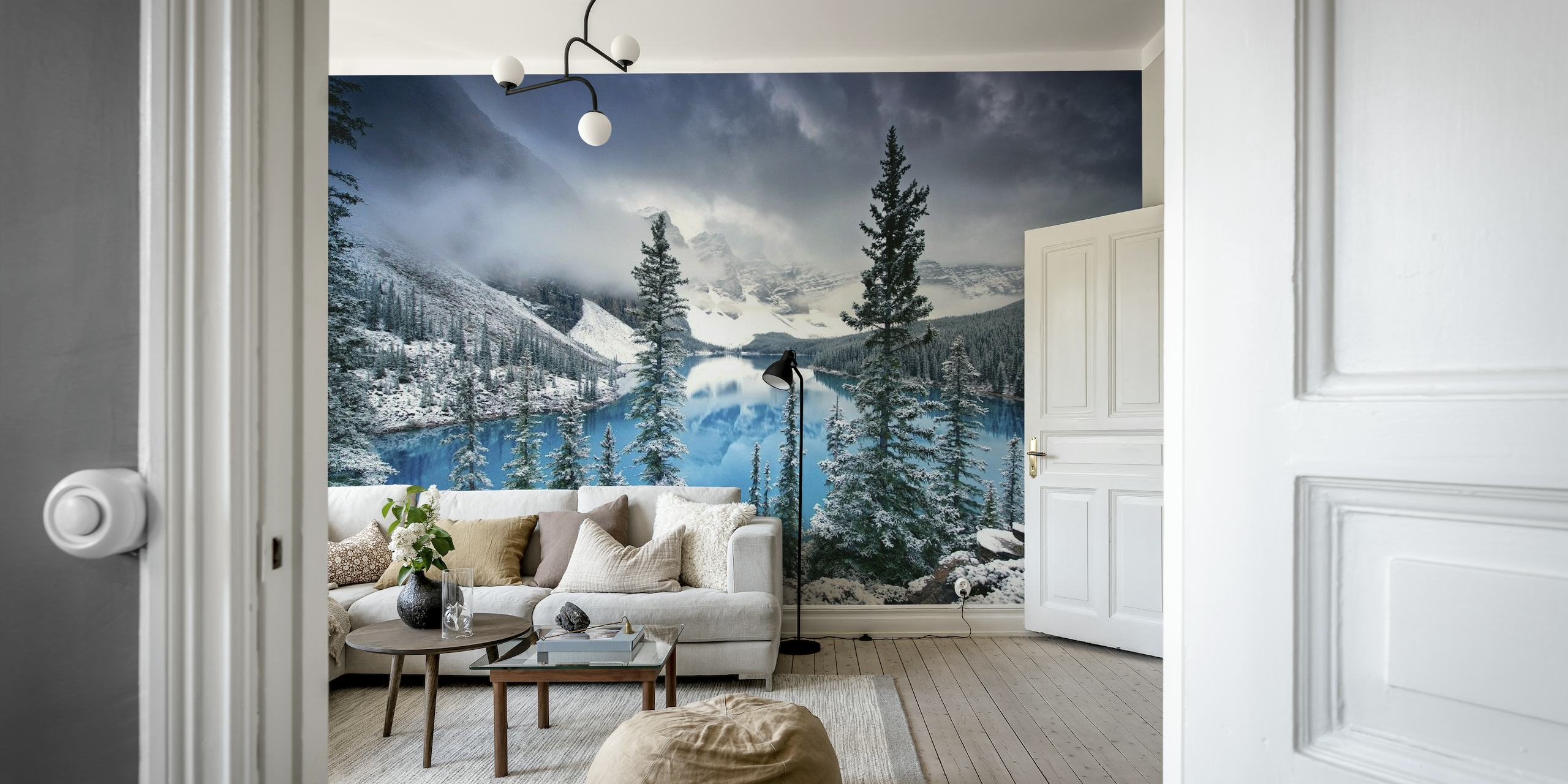 Morning Blues wall mural featuring a snow-covered landscape with frosty trees and a reflective lake under a dawn-tinted sky.