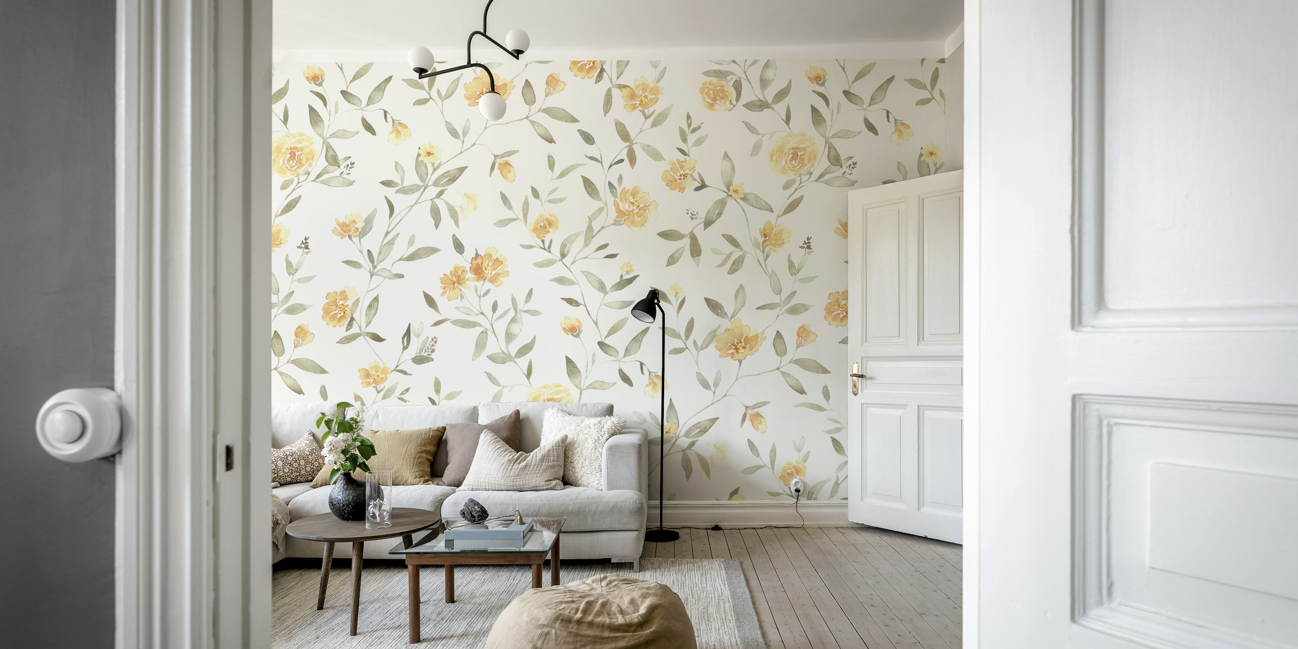 Cottagecore floral mural with yellow and sage green