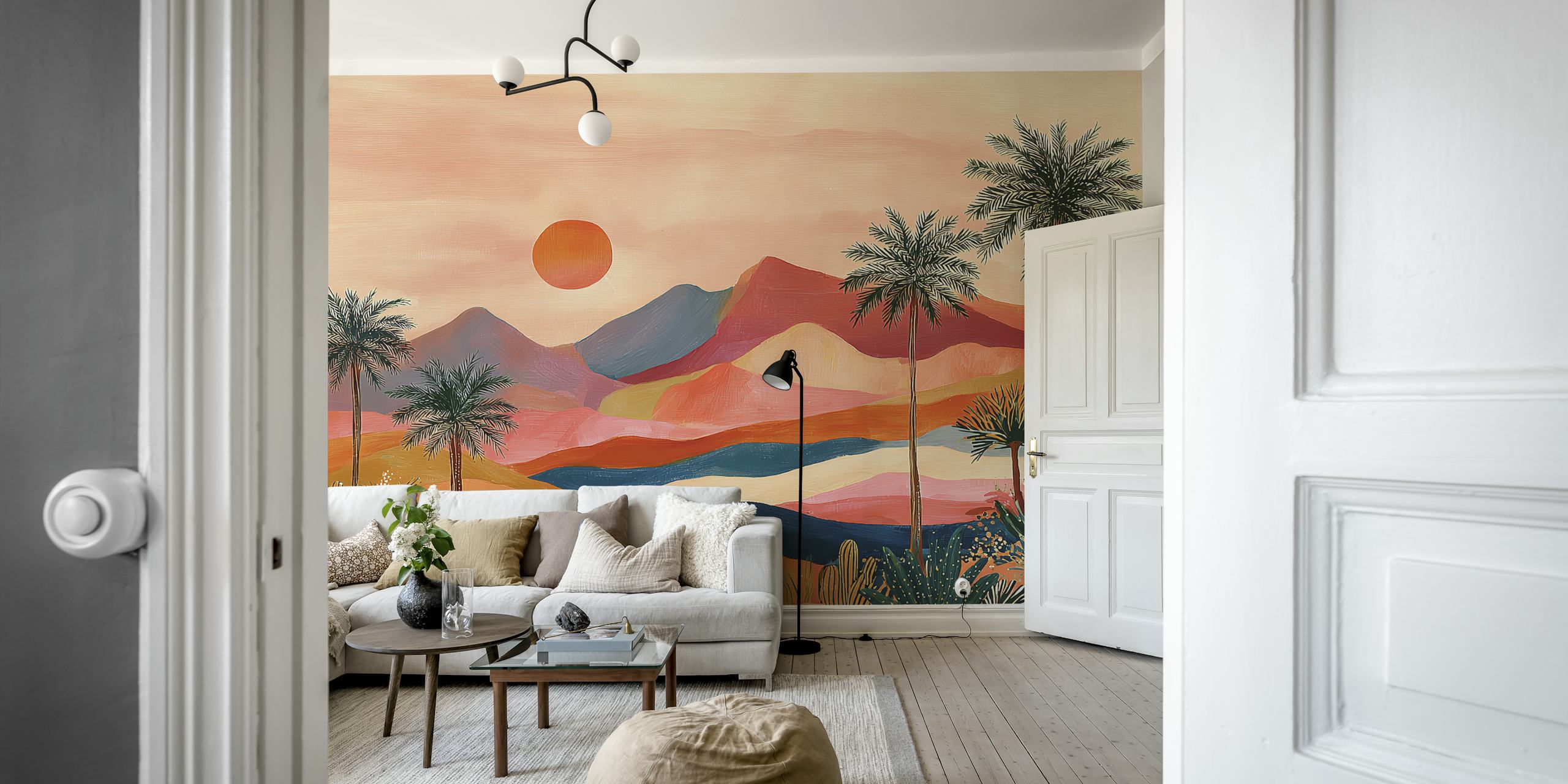 Tropical landscape with palm trees and sunset wallpaper
