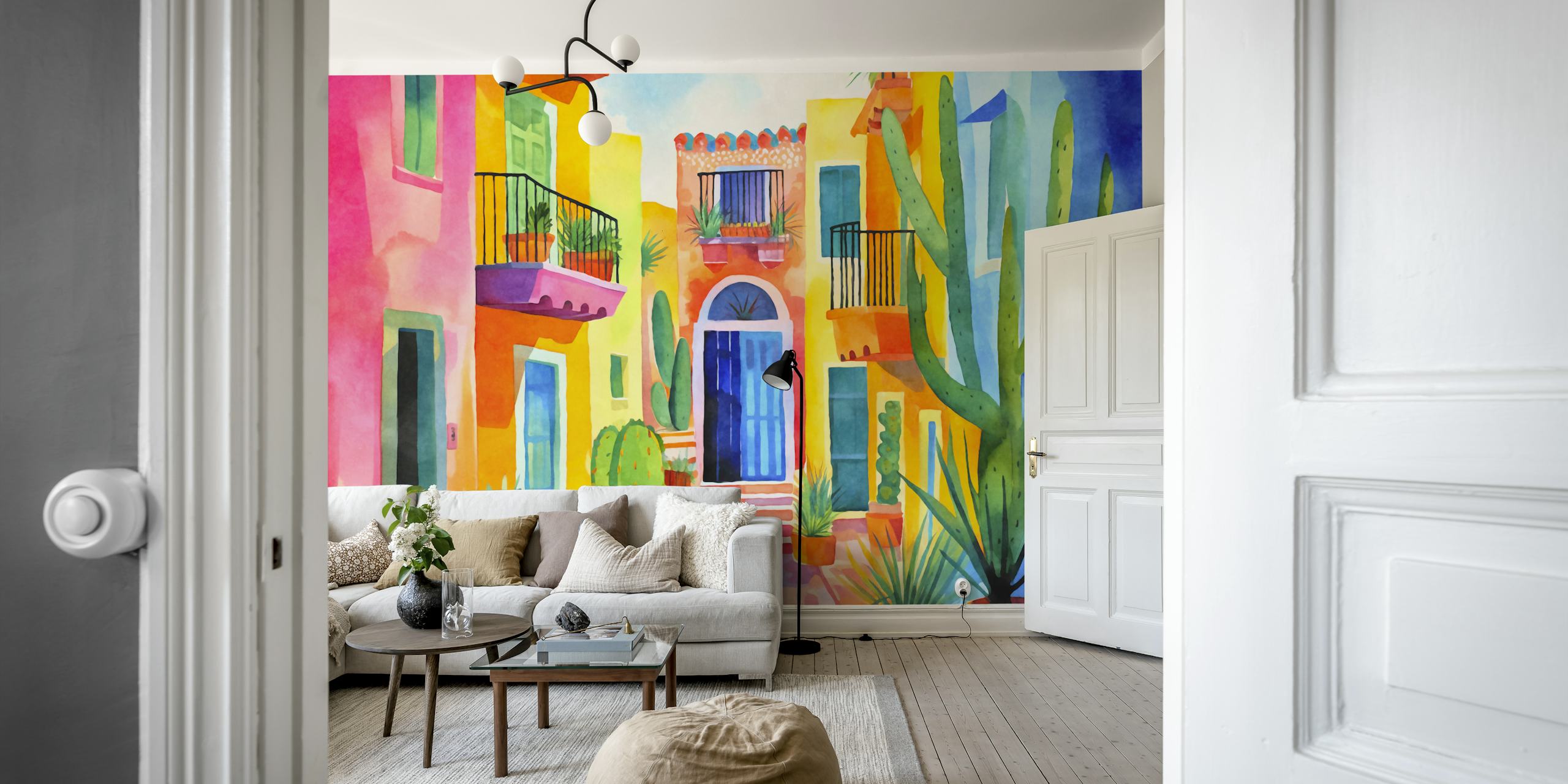 Colorful tropical village scene with cacti and plants wallpaper