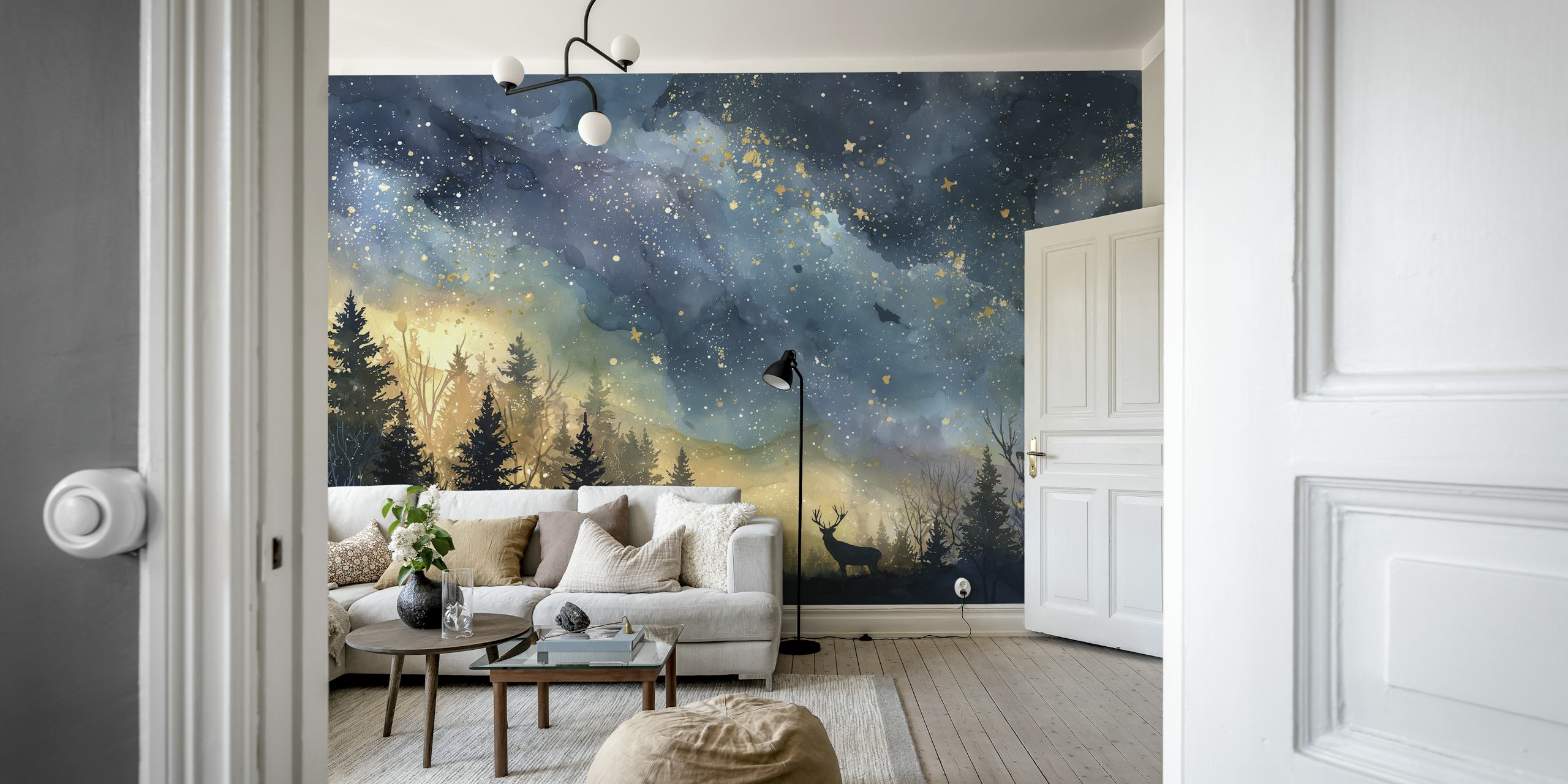 Dark forest and starry night sky wall mural in blue and gold tones