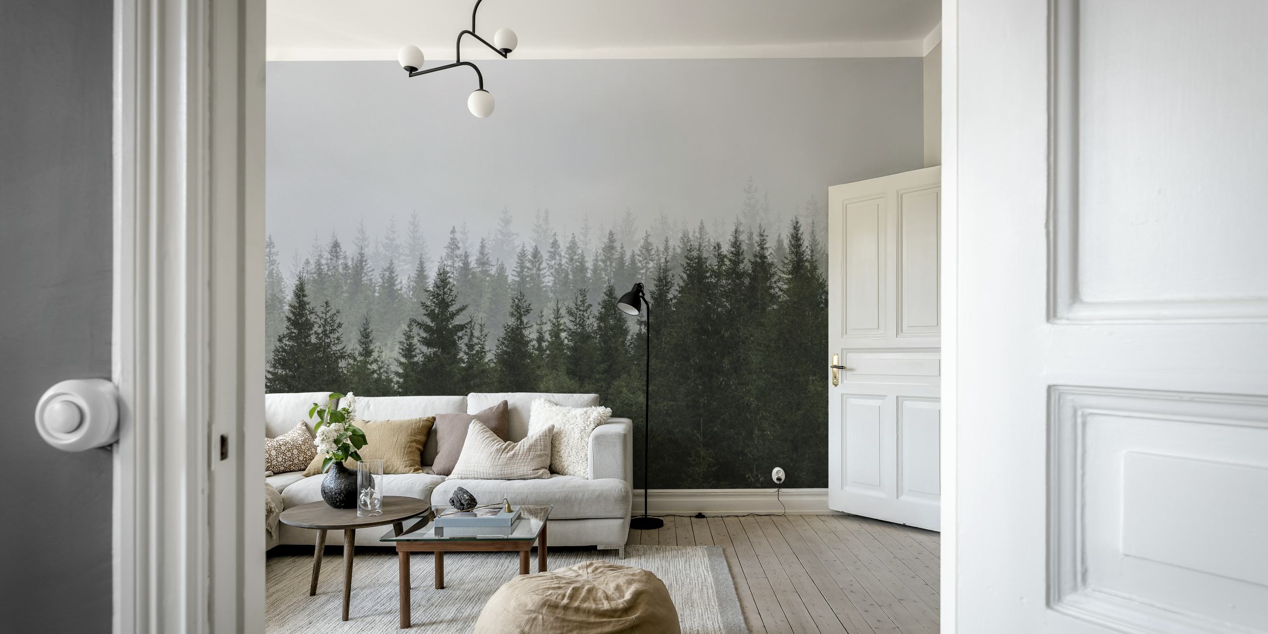 Dense evergreen trees shrouded in misty fog wallpaper