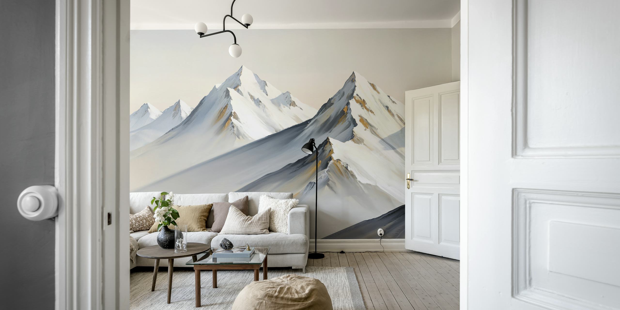 Mountain landscape in soft whites and grays wallpaper
