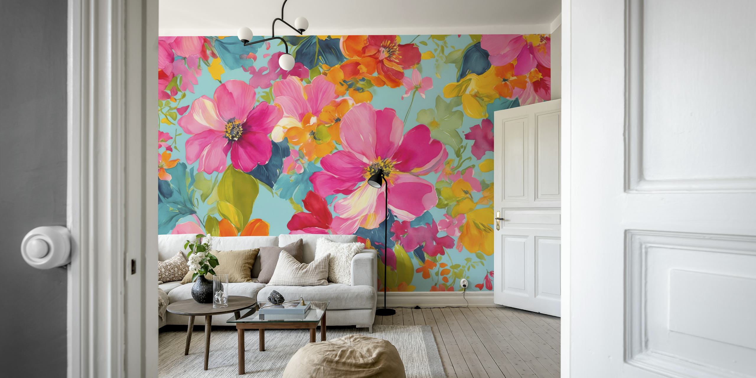 Colorful summer flowers wallpaper in a room