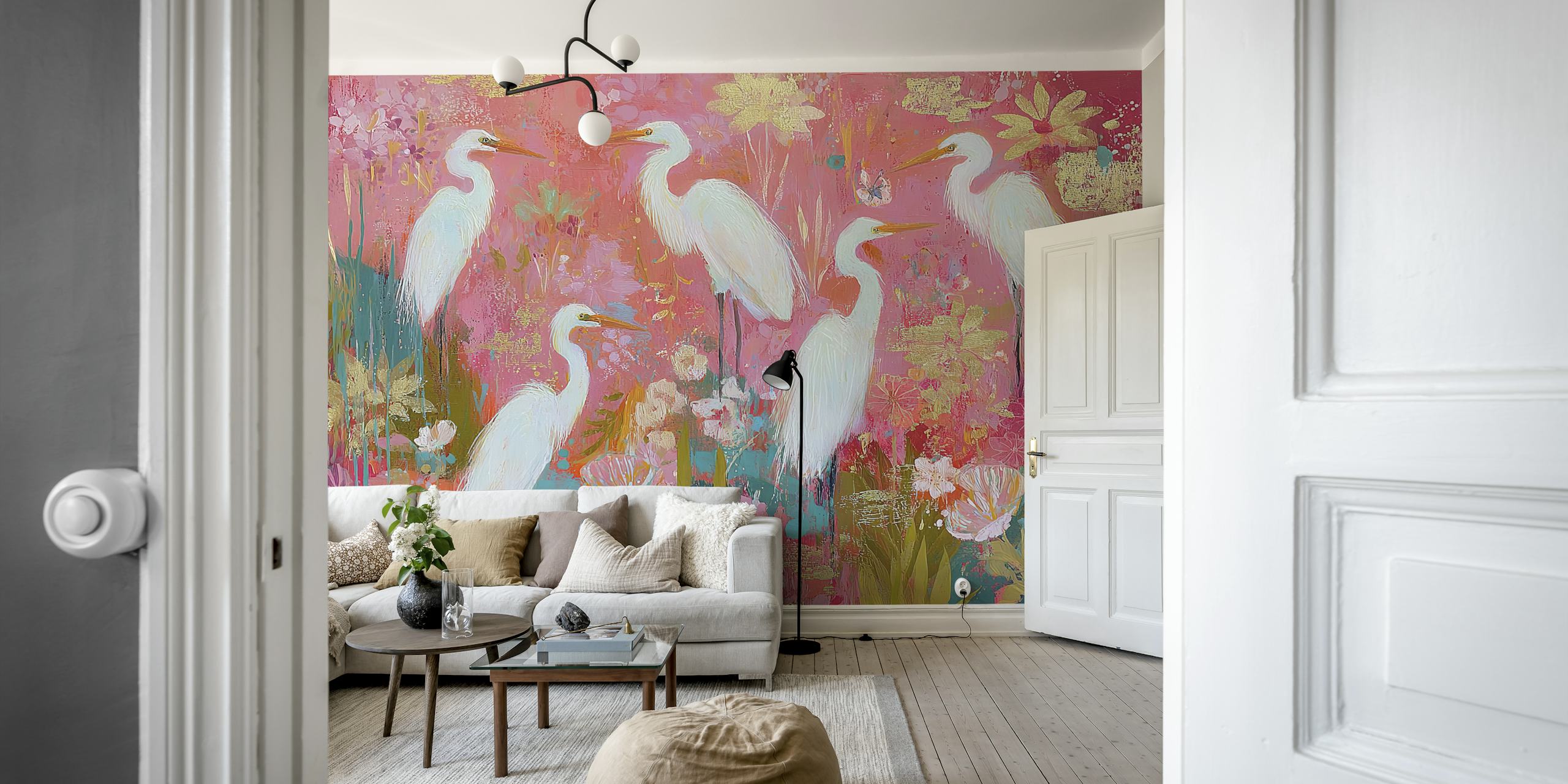 Colorful Heron Bliss wallpaper in a room