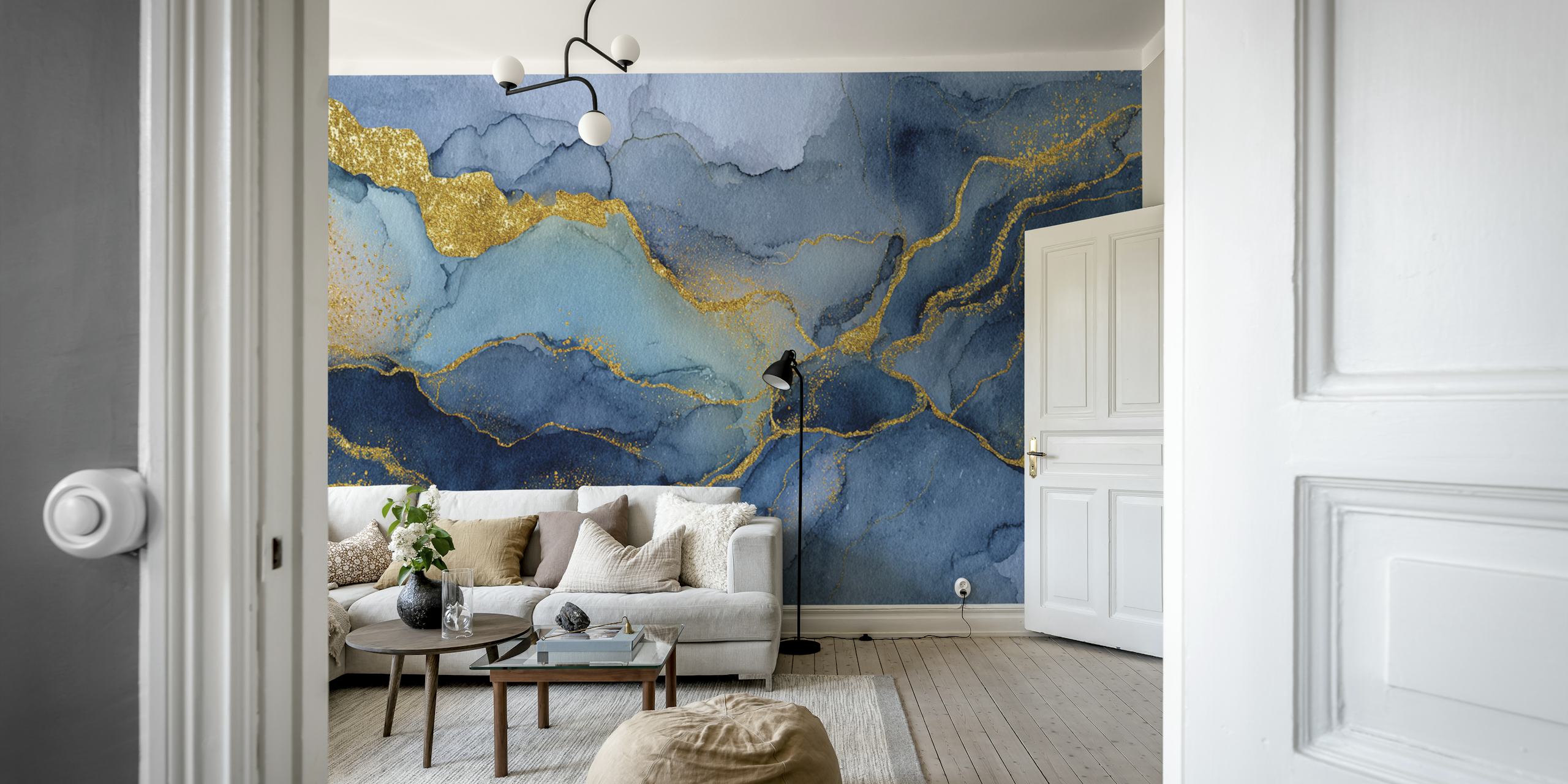 Luxurious Blue Marble with Golden Geode Veins tapeta
