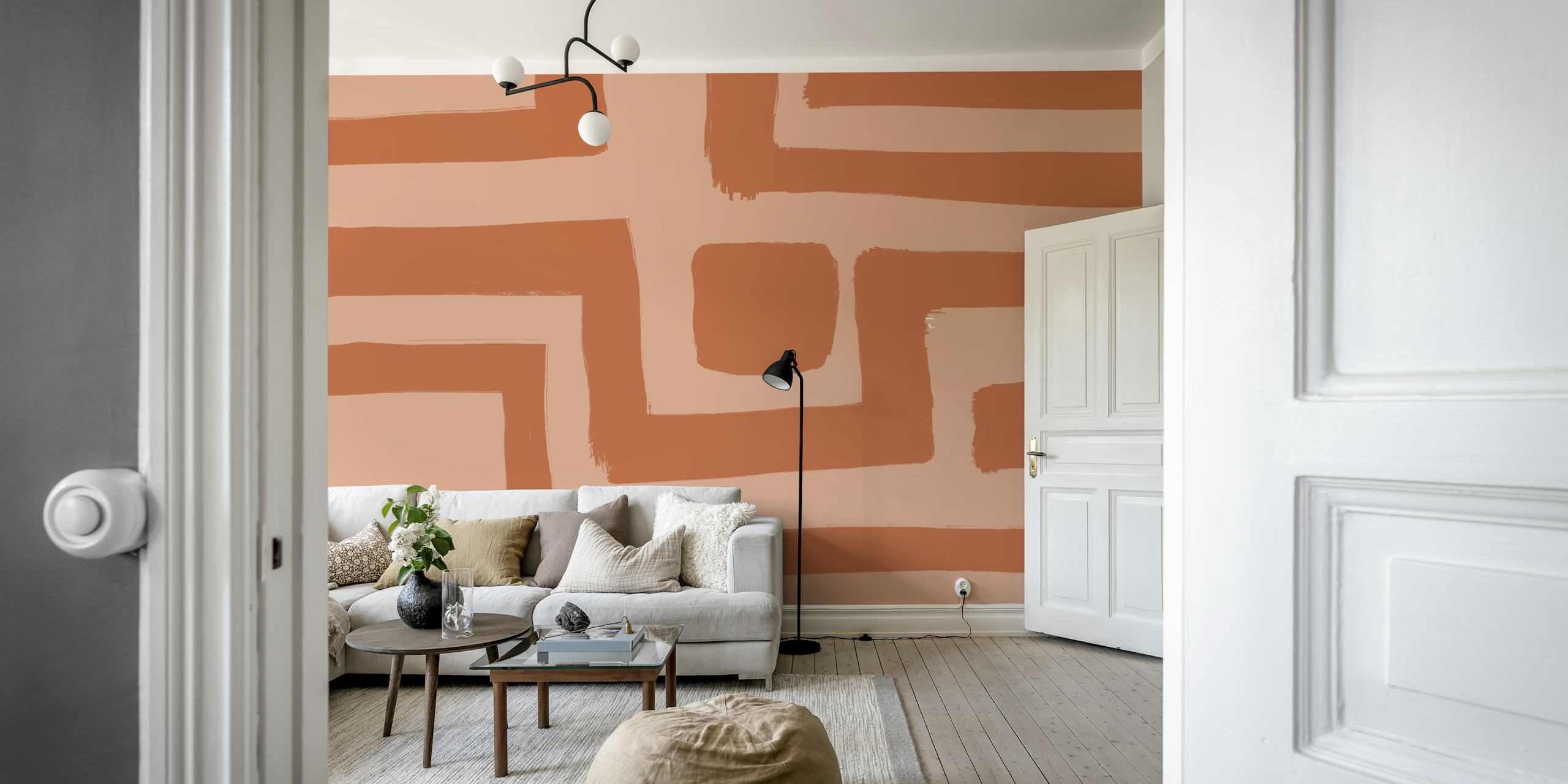 Organic earthy lines wallpaper in a room setting