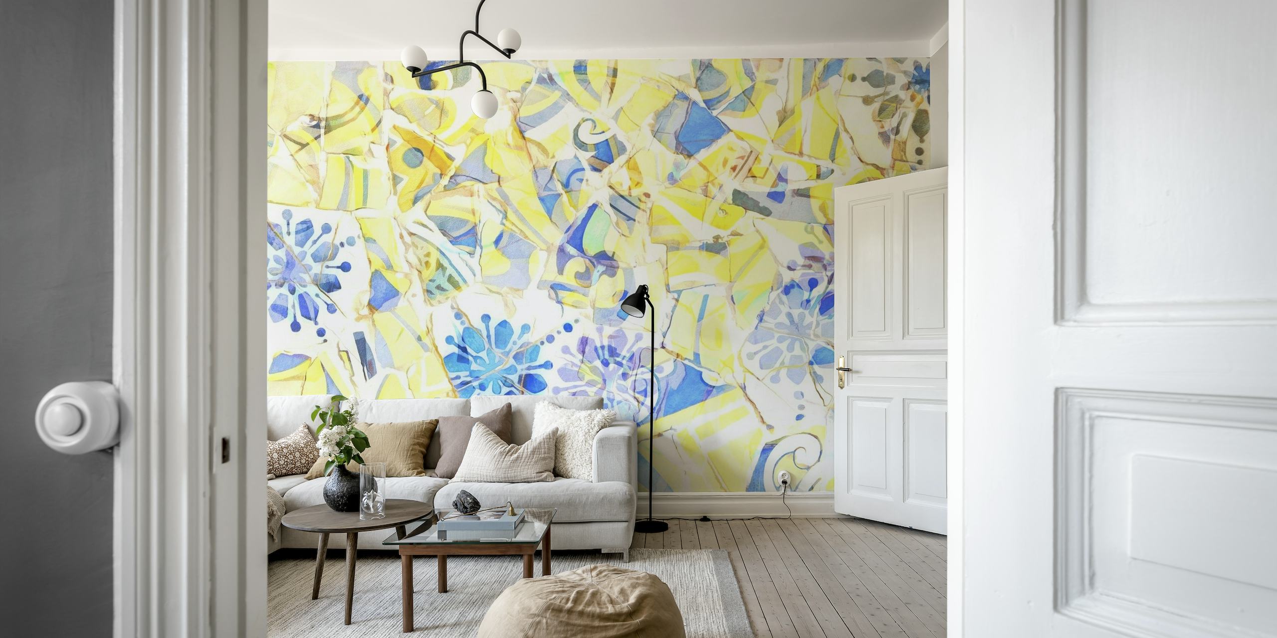 Abstract mosaic wall mural with pastel and bright colors, inspired by Barcelona's artistic mosaics