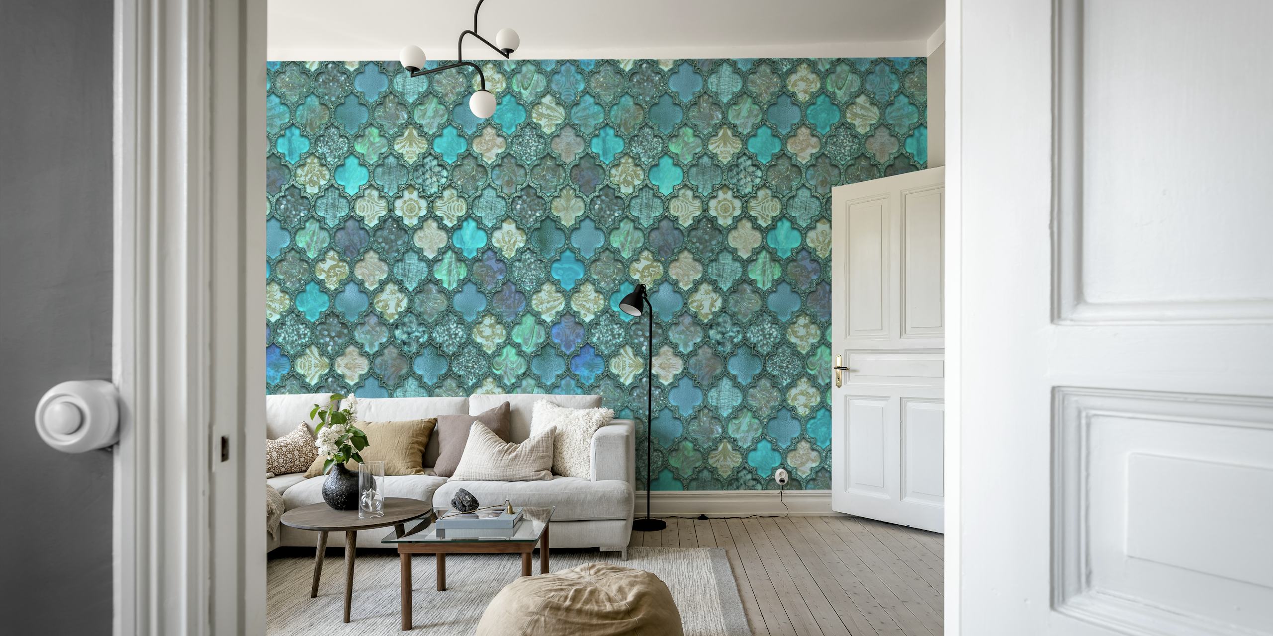 Old Moroccan Tiles Teal Green ταπετσαρία σε ένα δωμάτιο