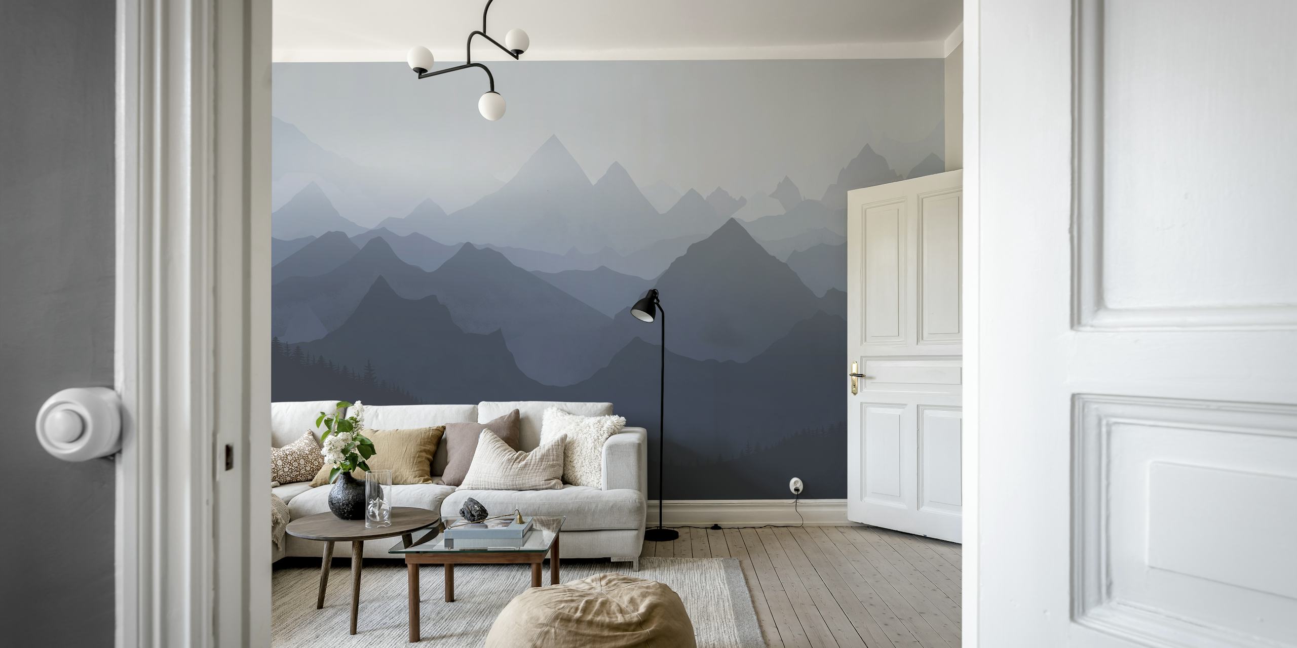 Mountains Blue wall mural depicting layered mountain silhouettes in shades of blue