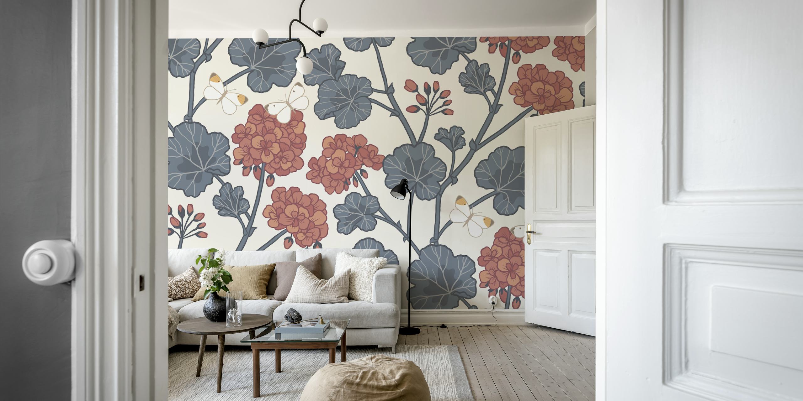 Φλοράλ Jenni Blue Red ταπετσαρία σε ένα δωμάτιο