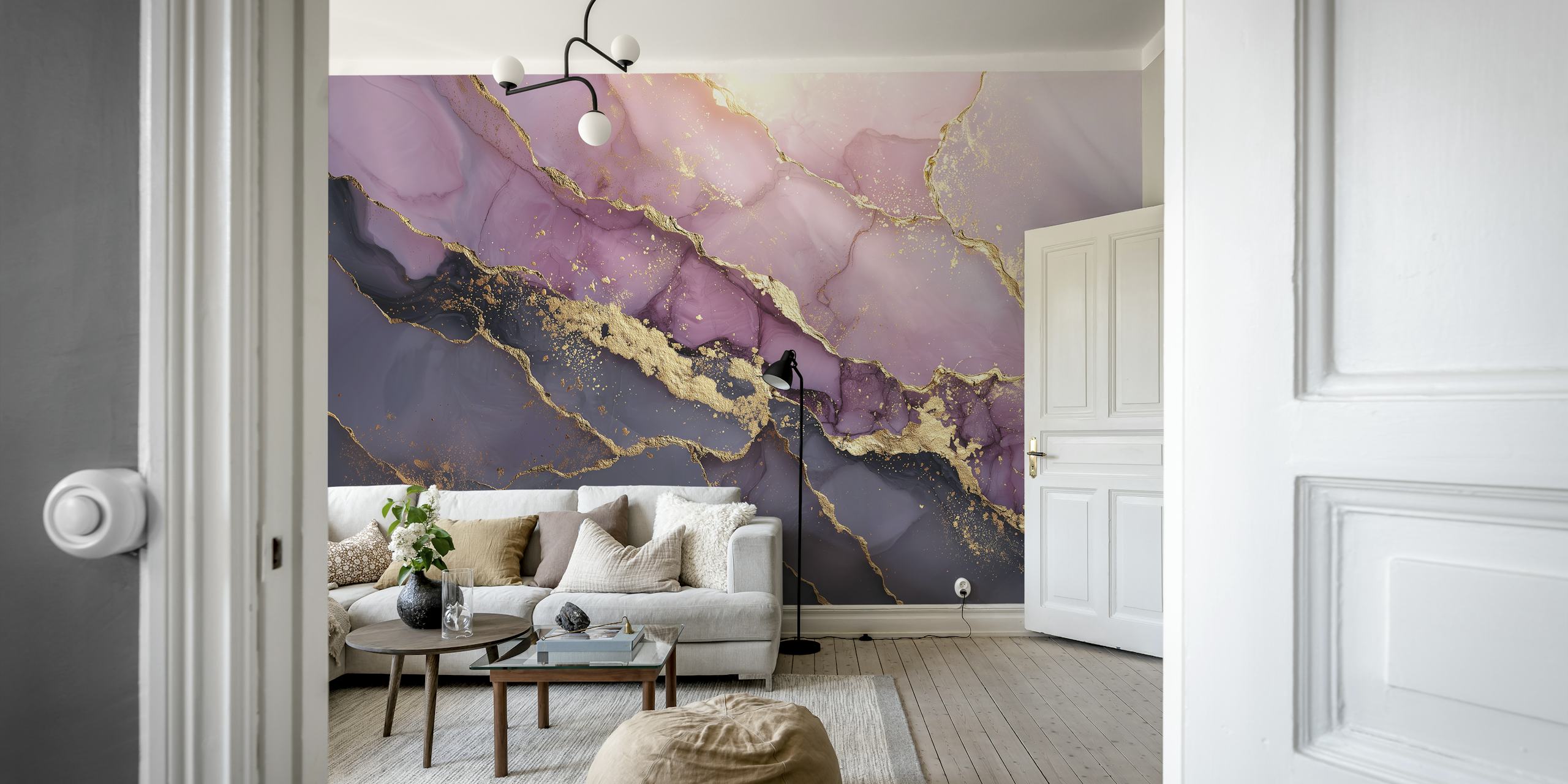 Lavender and gold waves wallpaper in a room