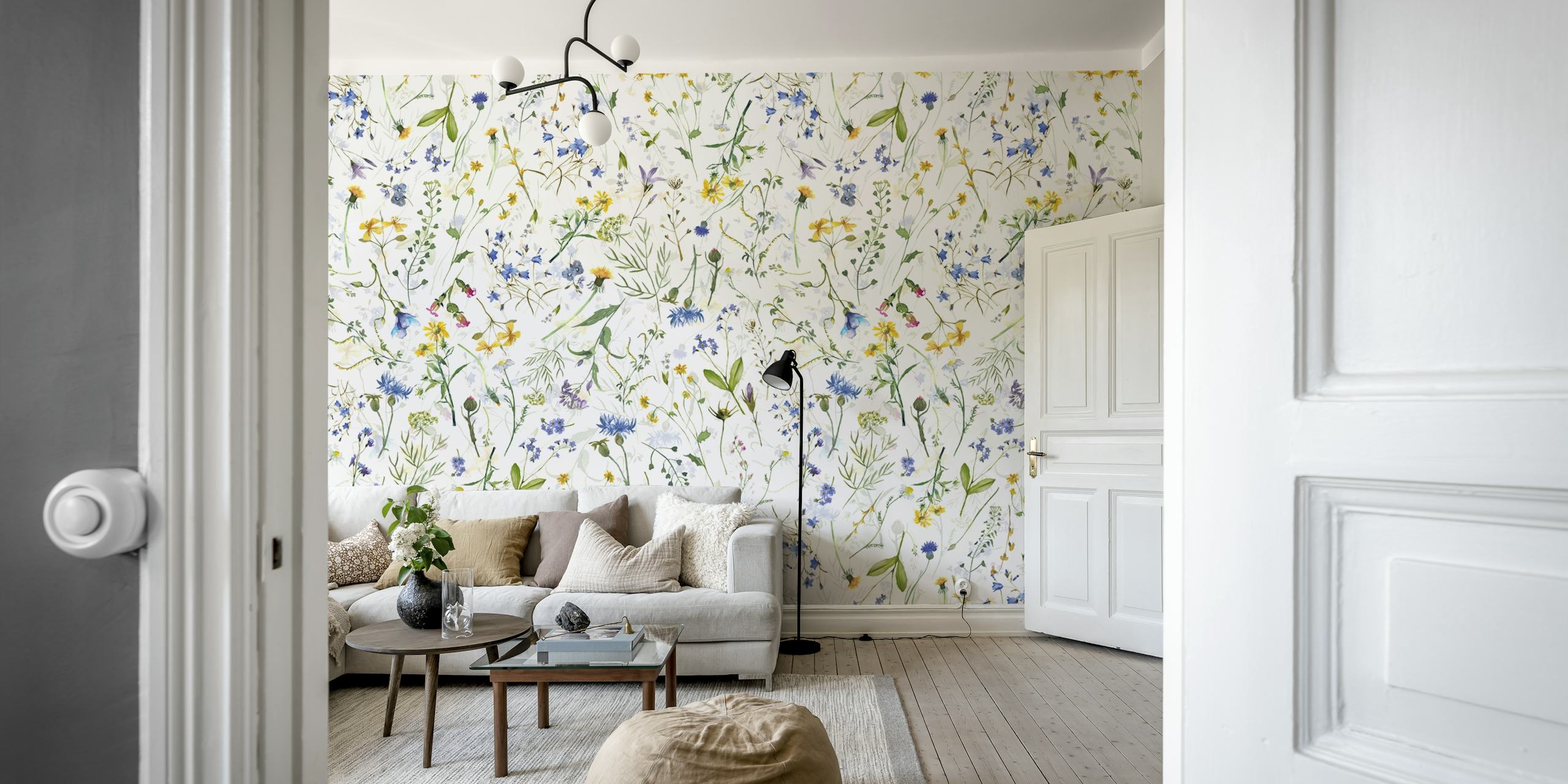 Colorful wildflowers with green leaves on a white background wallpaper