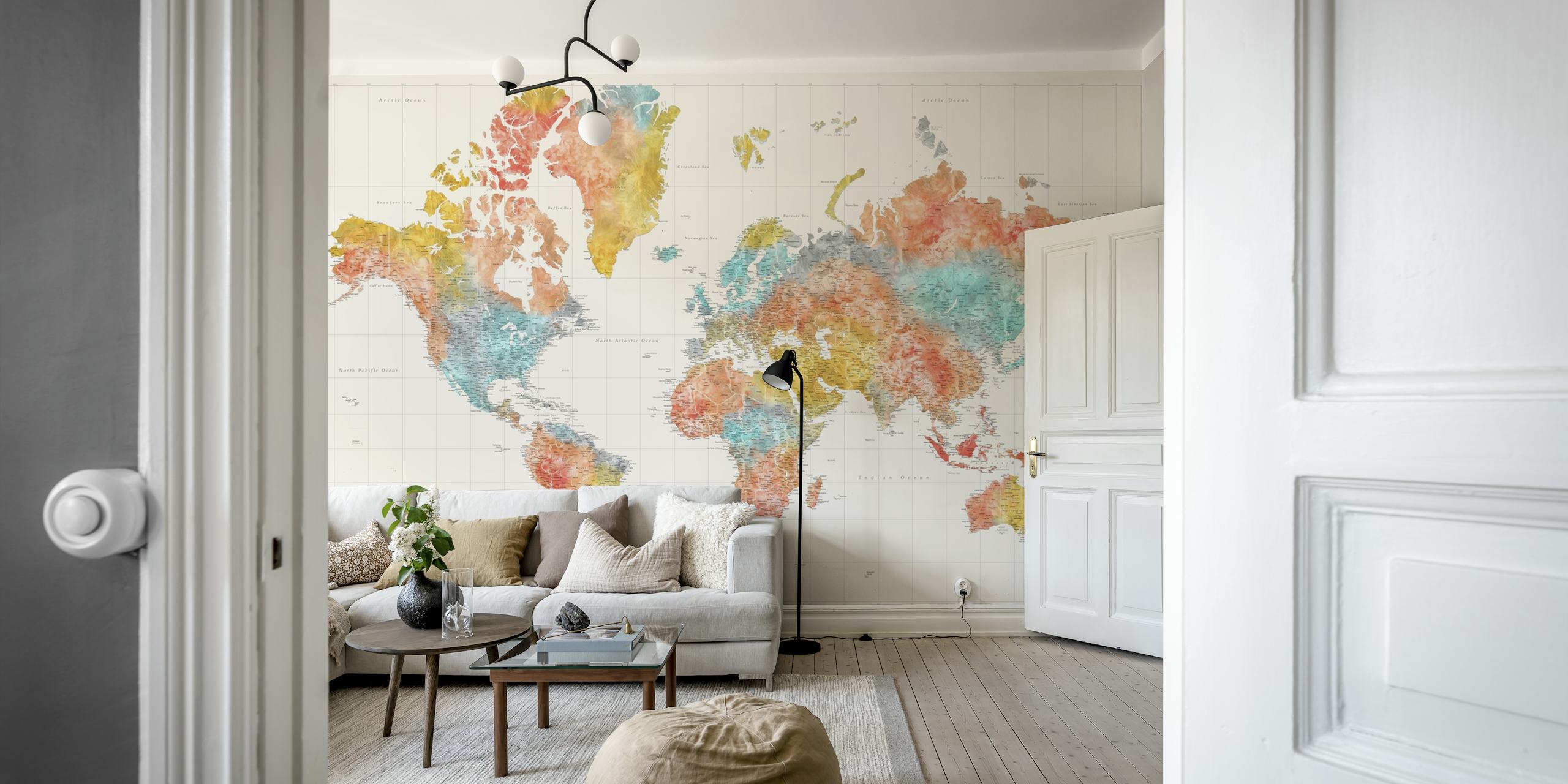 Colorful watercolor world map wallpaper with orange, teal, and yellow hues