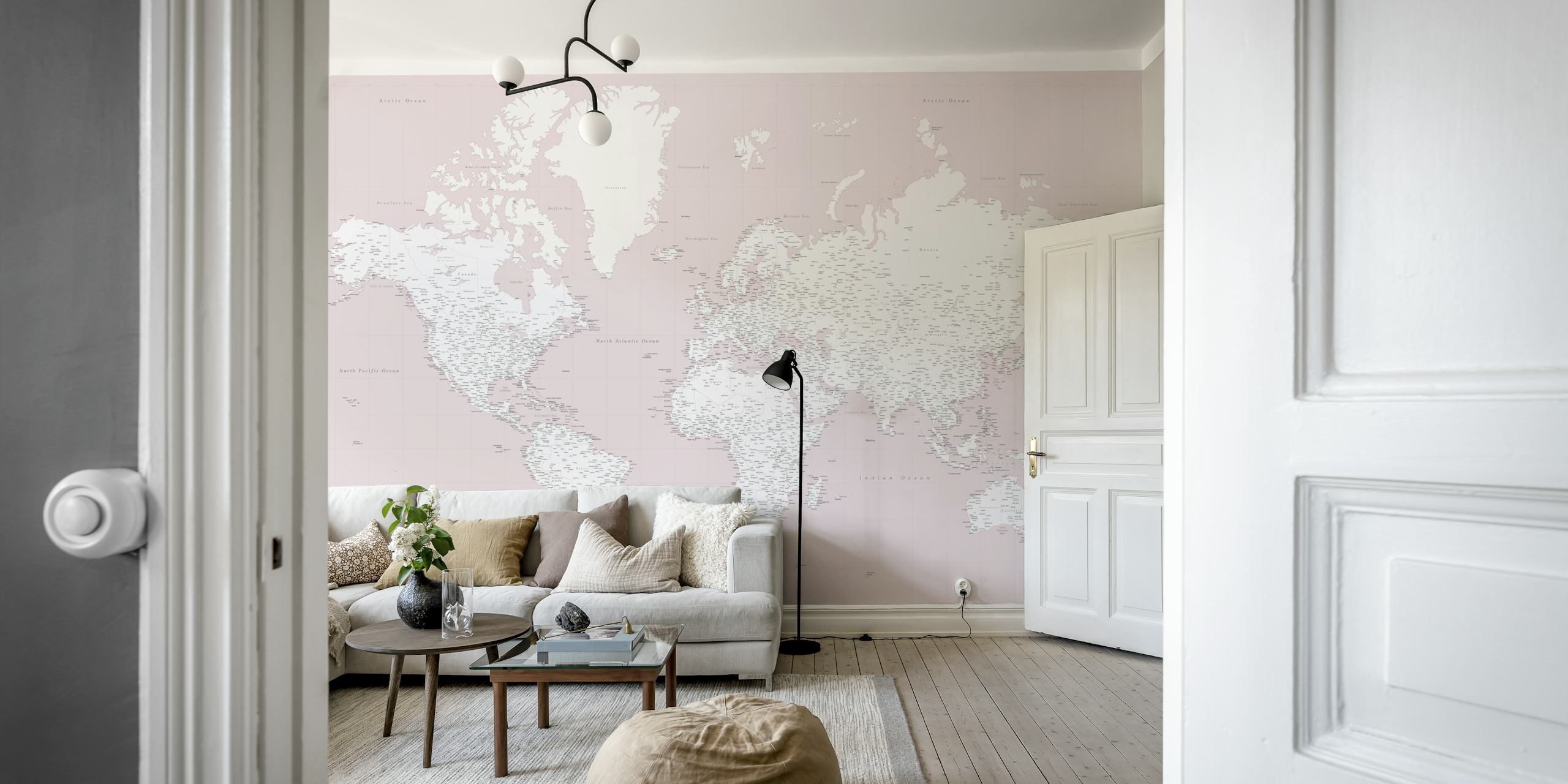 High detail world map in rosa pallido