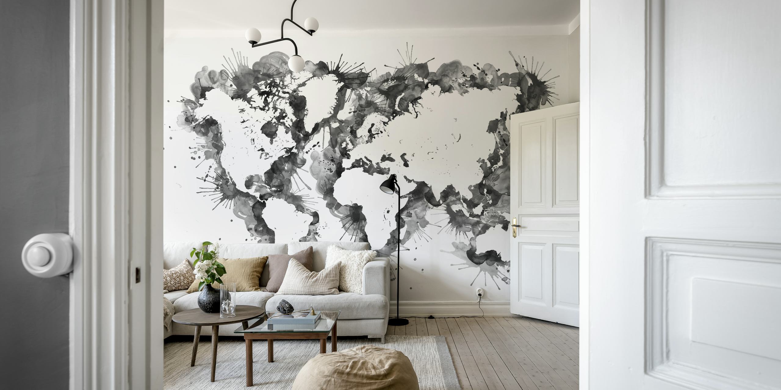 Black splatters world map tapet i et rom