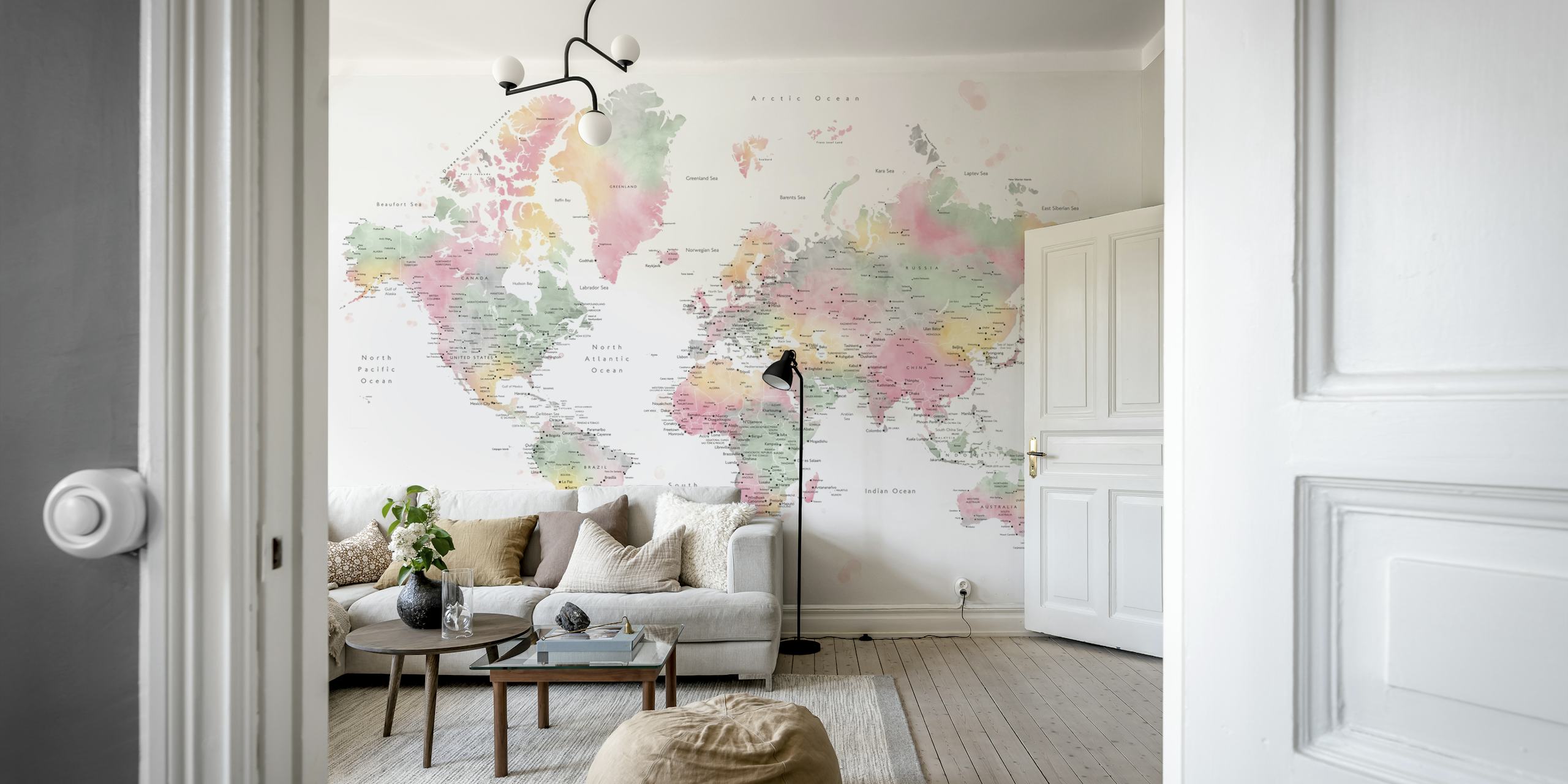 Carta da parati World map cities in una stanza