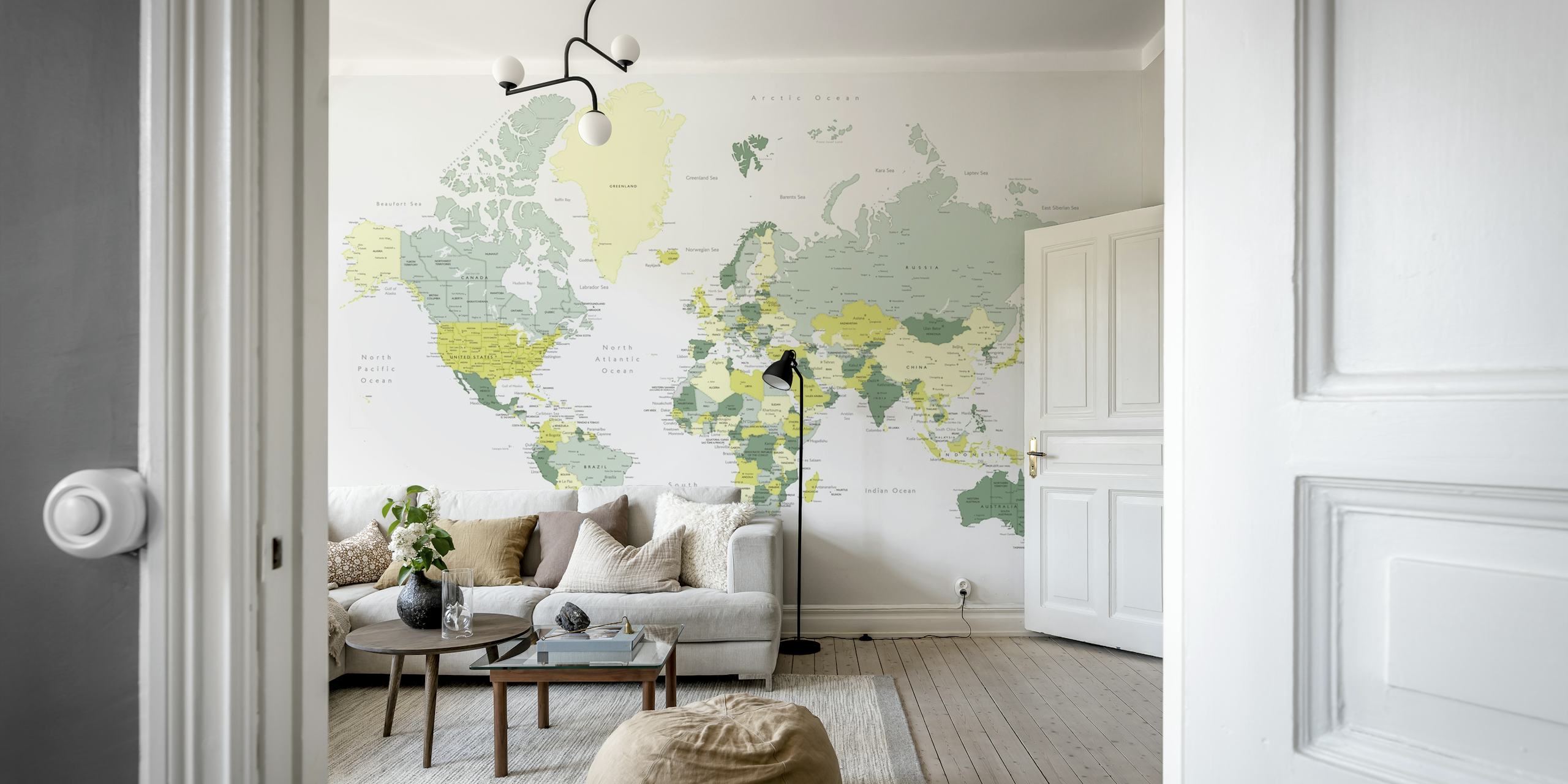 Kapueo world map with cities wallpaper in a room