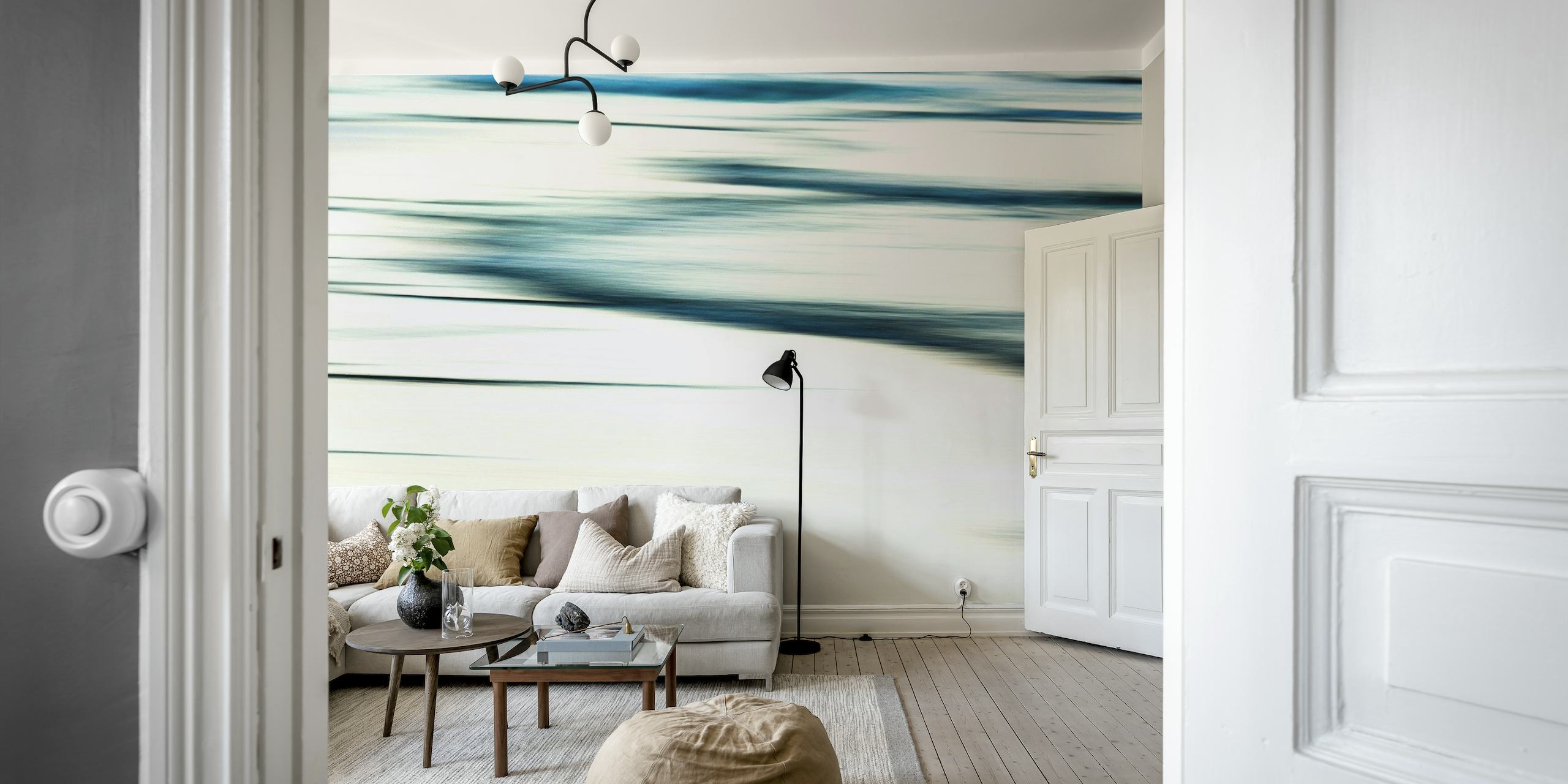 Mural abstracto de olas del océano con una mezcla de remolinos blancos y azules que representan 'Mi corazón sangrante, alma del océano'.