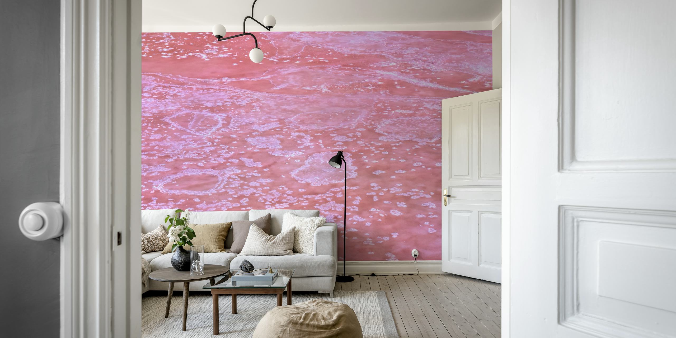 Fotobehang van gekristalliseerde zoutpatronen in warme roze tinten