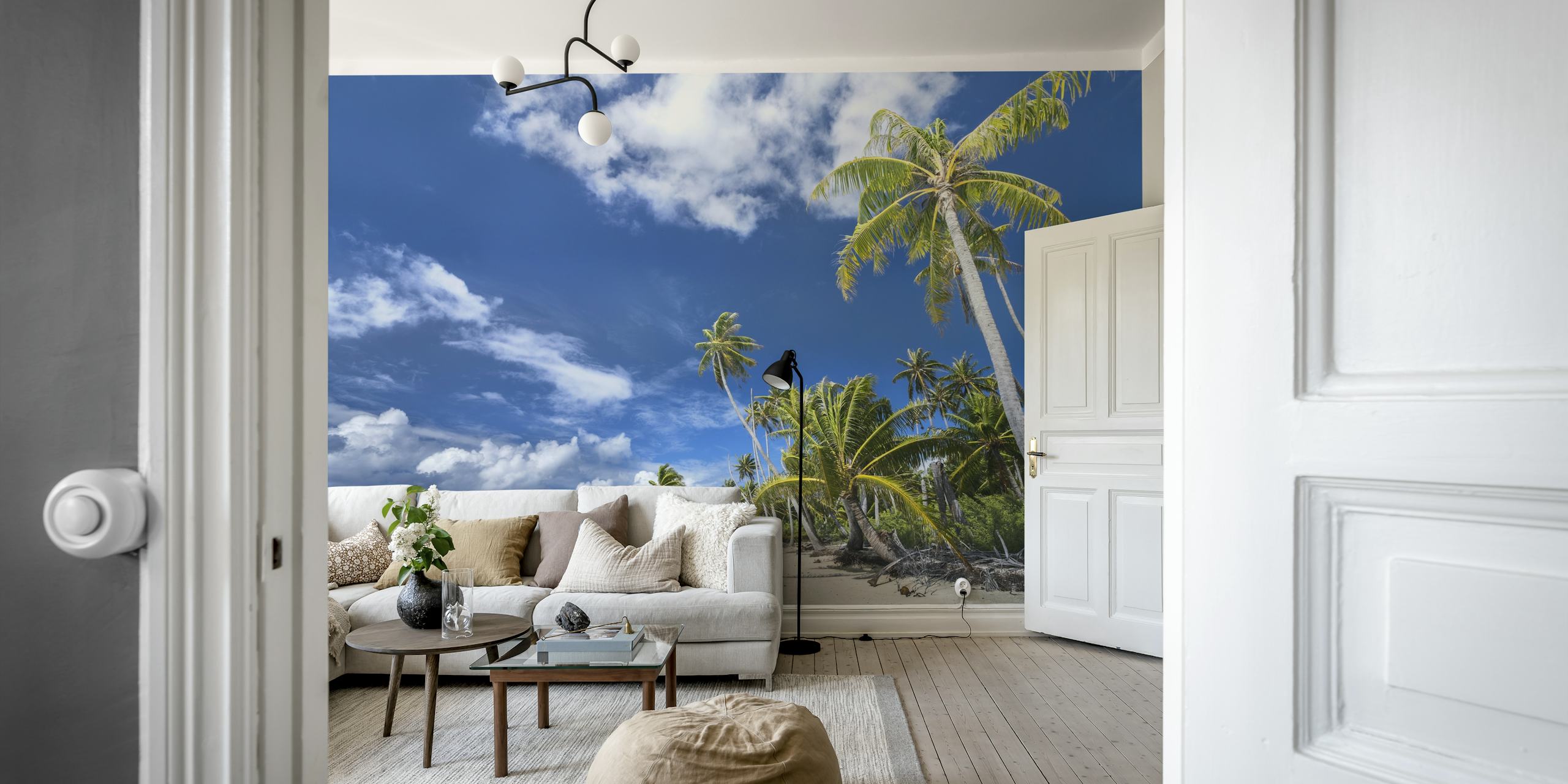 Tropical desert island wall mural with palm trees and clear blue sky