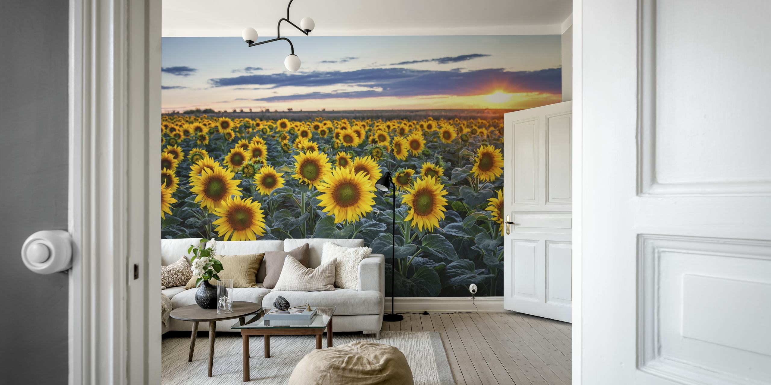 Sunflowers wallpaper in a bright room