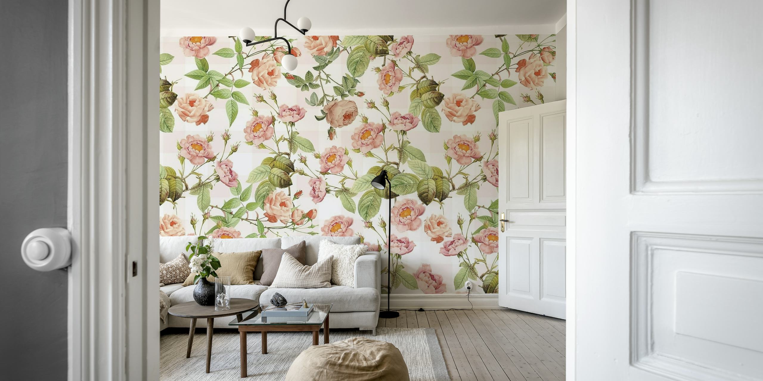 Vintage Pink Roses and Gingham wall mural with soft pastel florals and classic check pattern