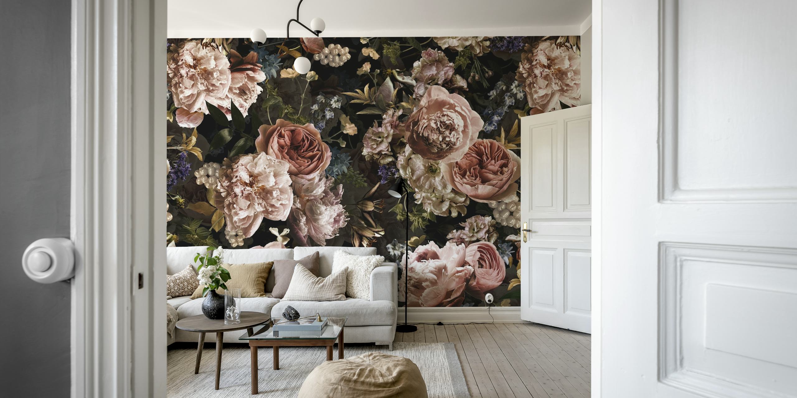 Elegant Baroque floral wallpaper with pink peonies and dark backdrop