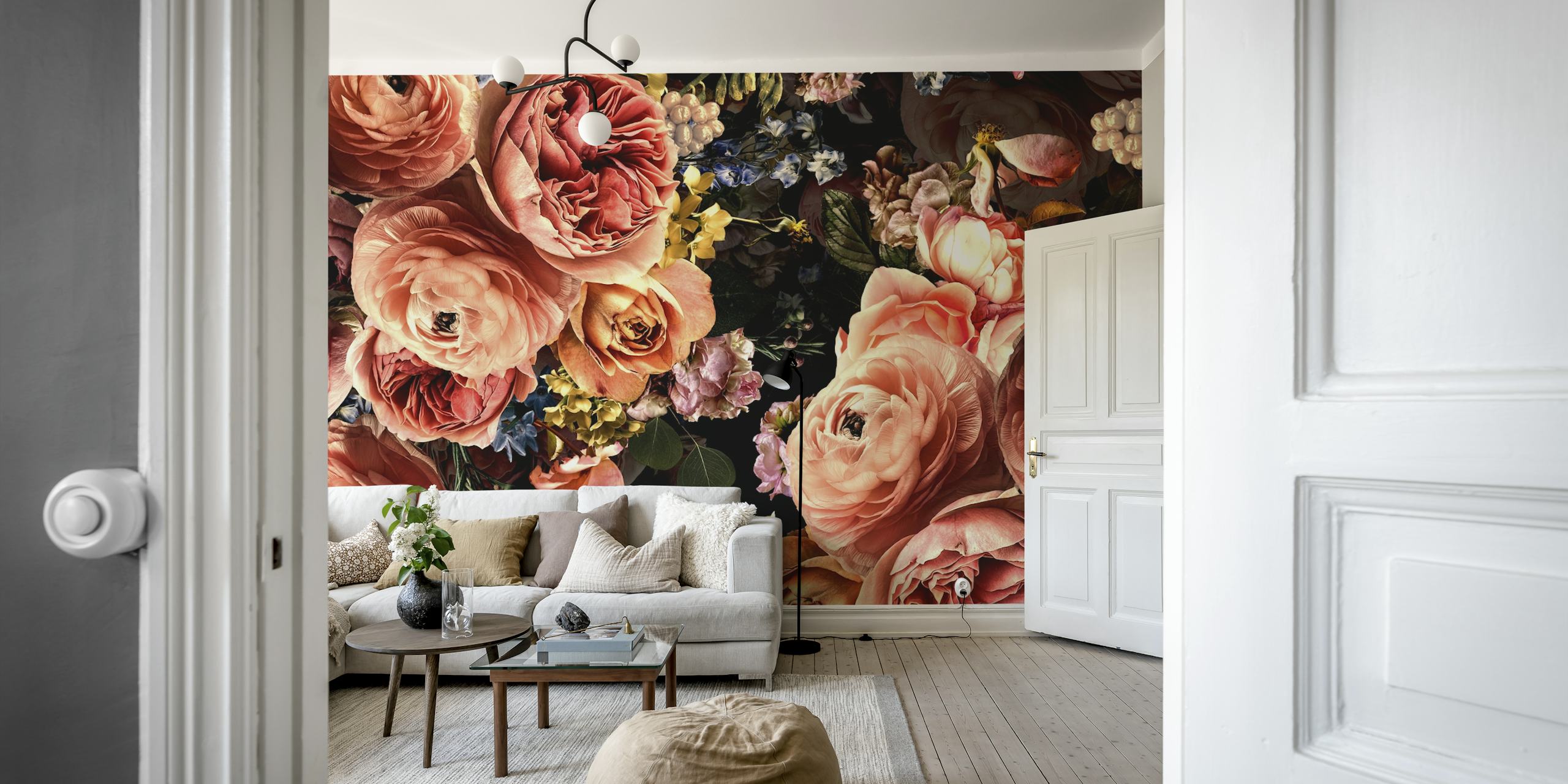 Pink roses and multi-colored flowers wallpaper