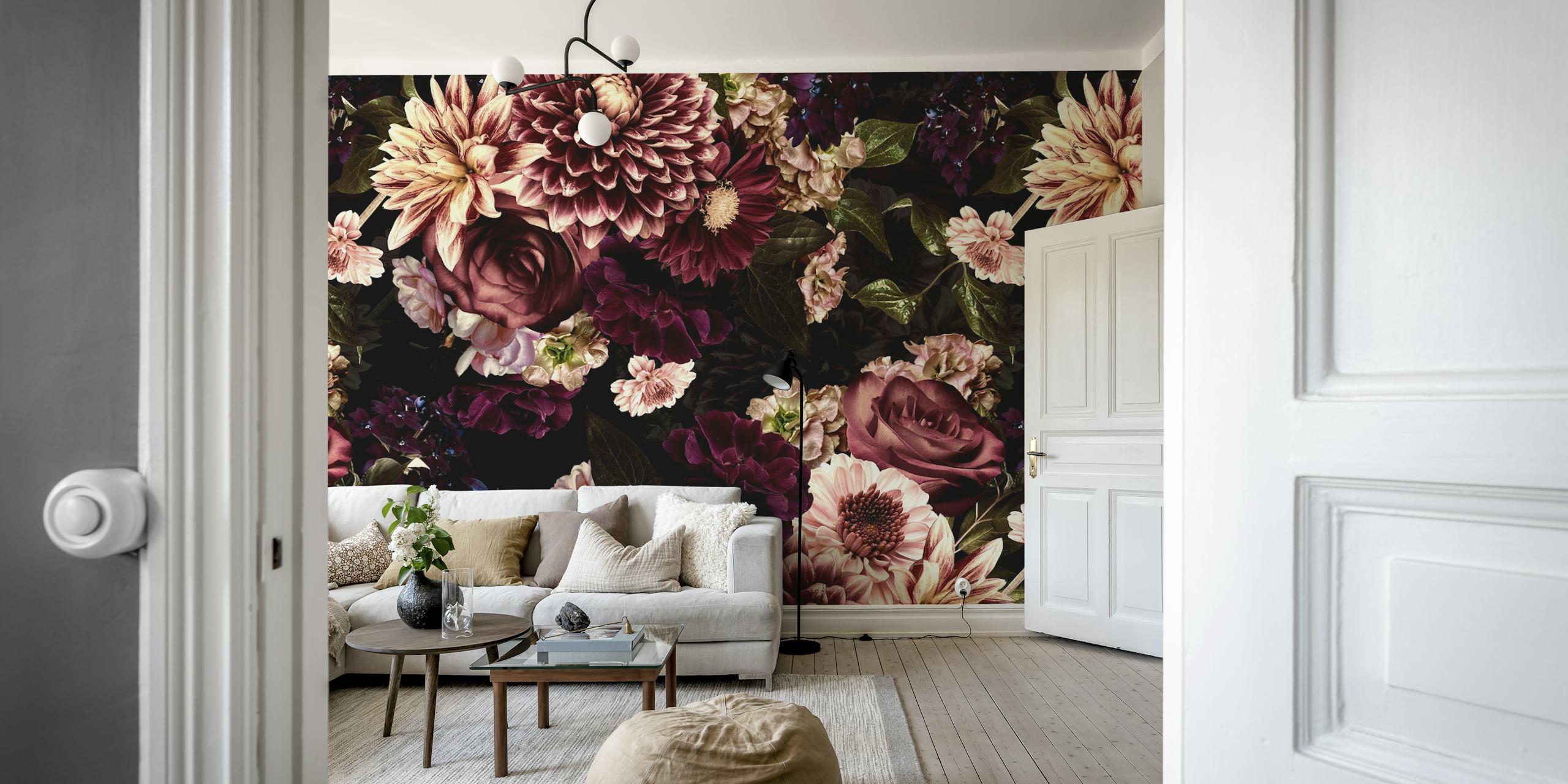 Dark floral wallpaper with roses, chrysanthemums, and leaves in rich colors