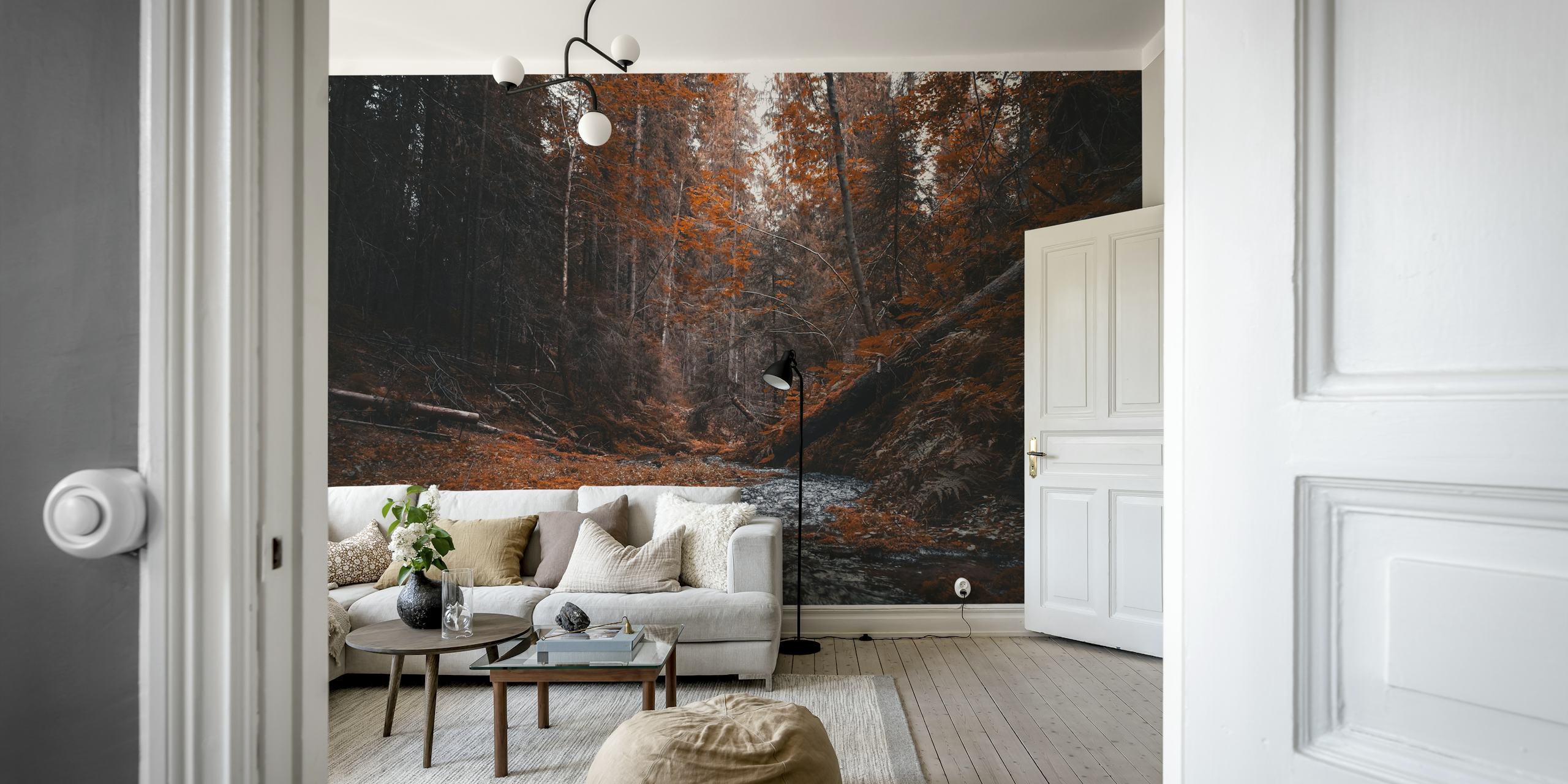 Autumn forest scene with orange foliage and a stream wallpaper