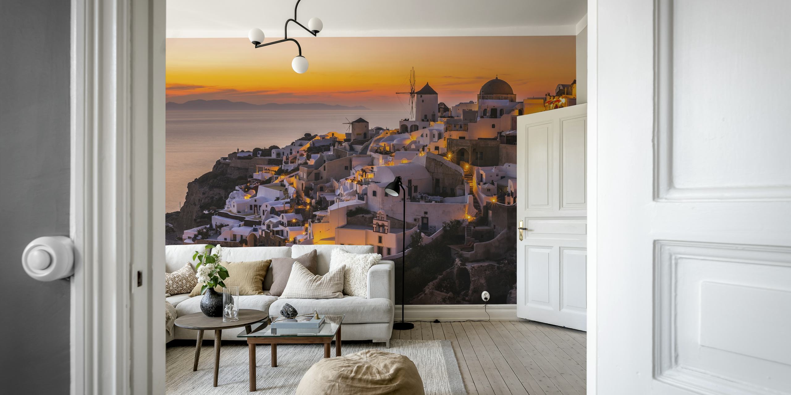 Santorini sunset landscape with white buildings and warm colors wallpaper