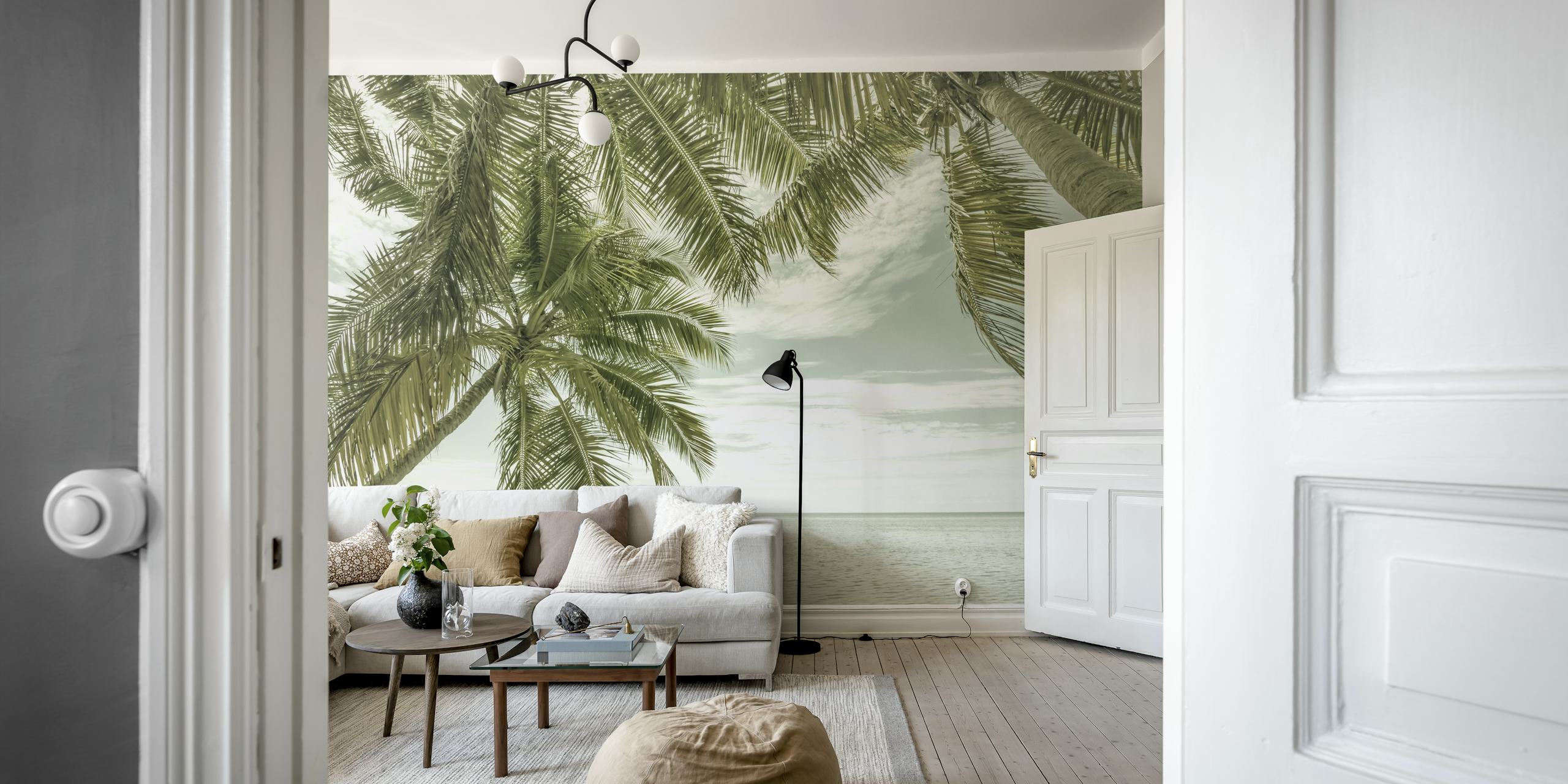 Vintage-style wall mural of a Florida ocean view with swaying palm trees