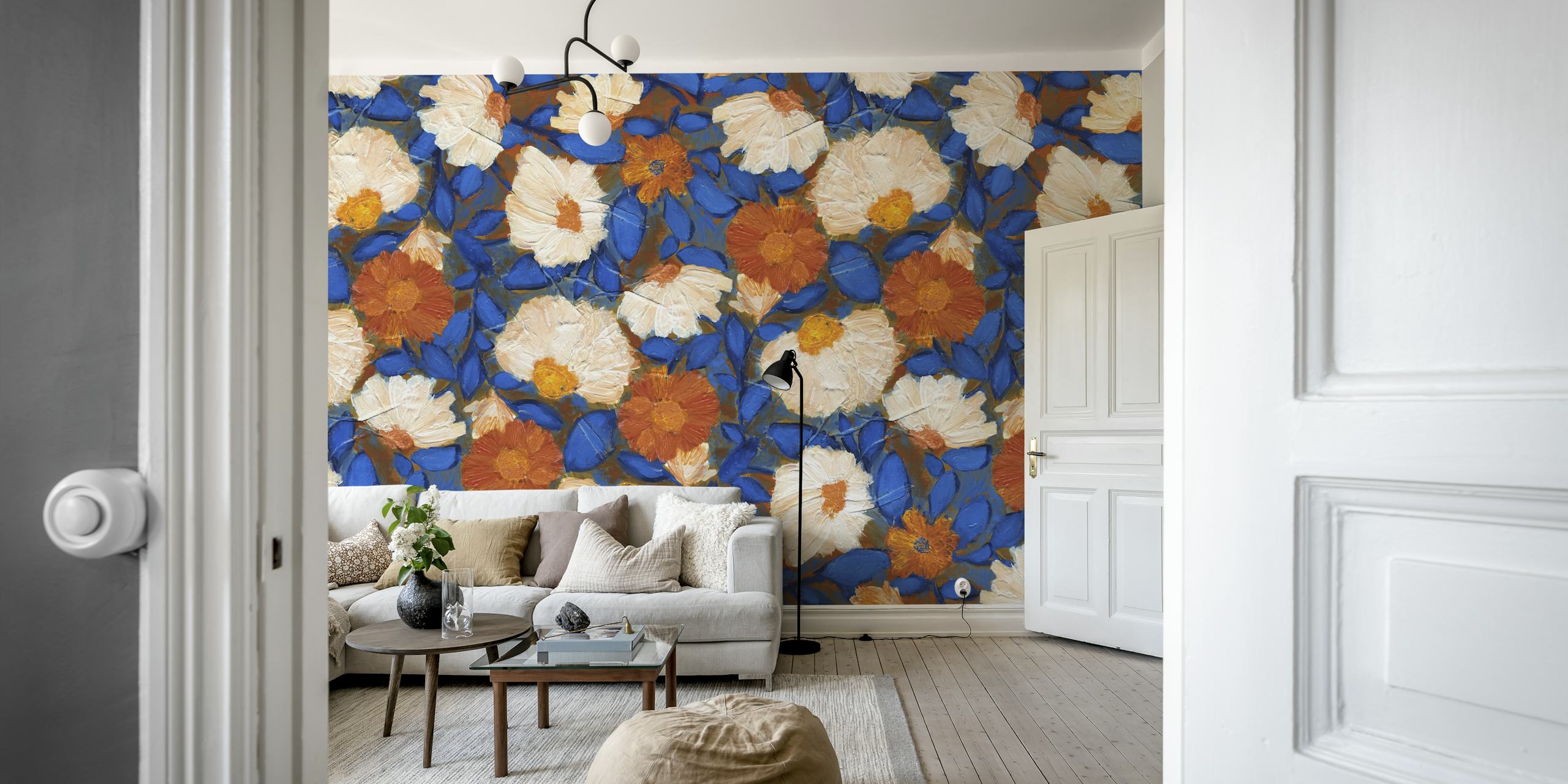 Vibrant floral pattern with orange and blue flowers wallpaper
