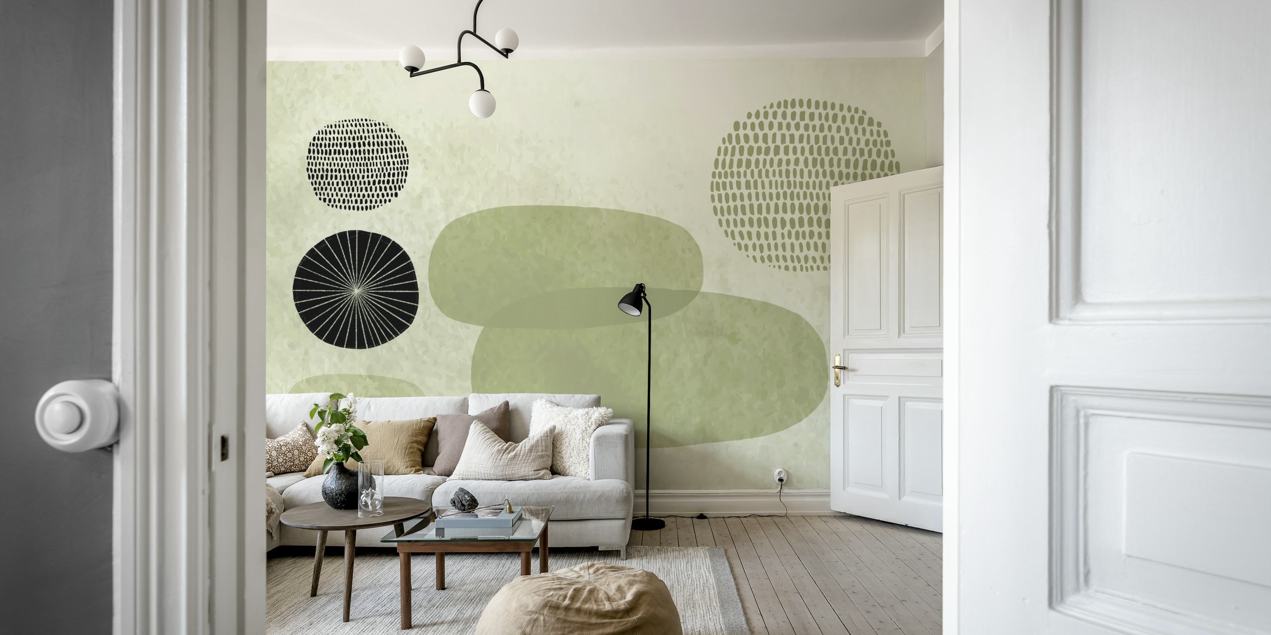 Abstract shapes in soft green and black colors wallpaper